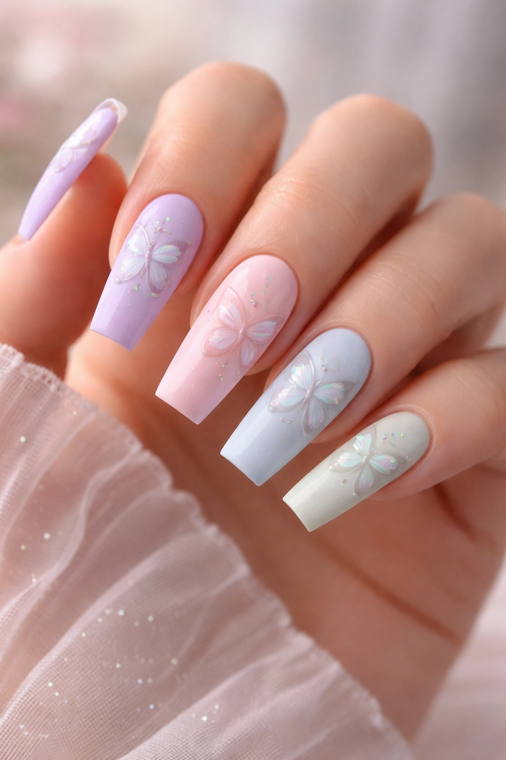 Close-up of pastel butterfly nail design on coffin nails