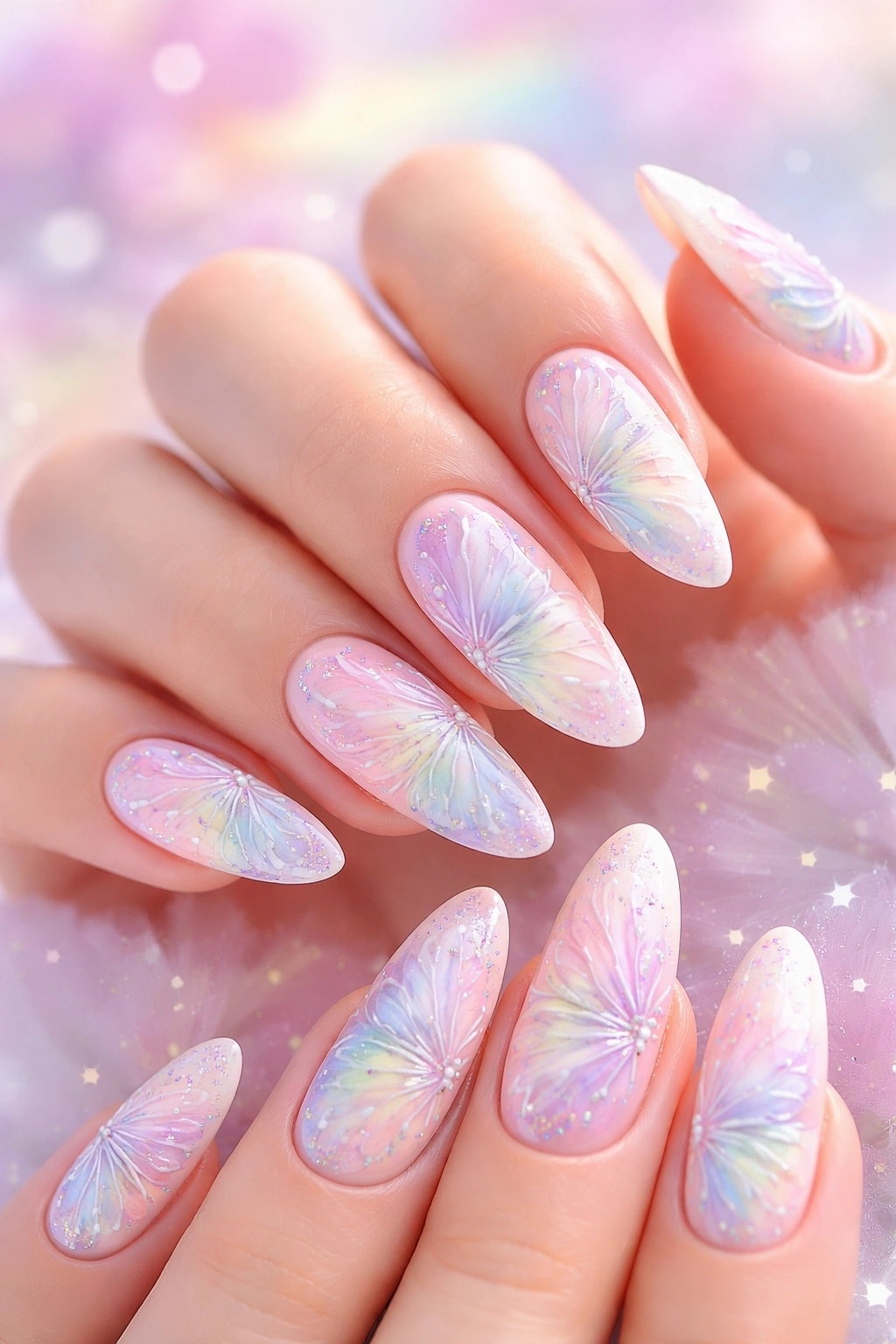 Close-up of pastel rainbow butterfly nails with soft gradient wings