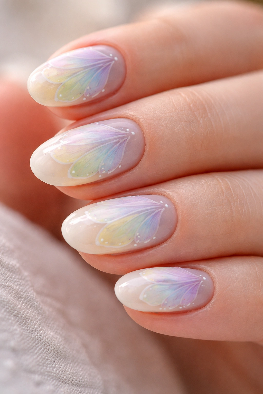 Pastel butterfly wing nail art on a milky base on a short oval nail.