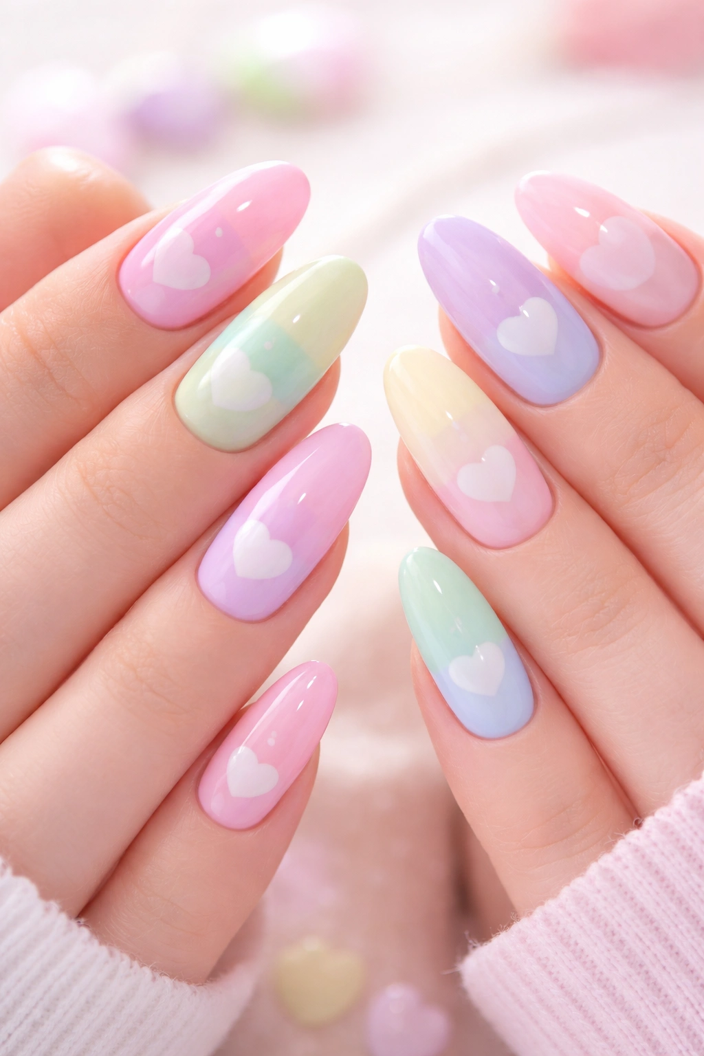 Pastel nails with heart motifs resembling candy hearts without lettering