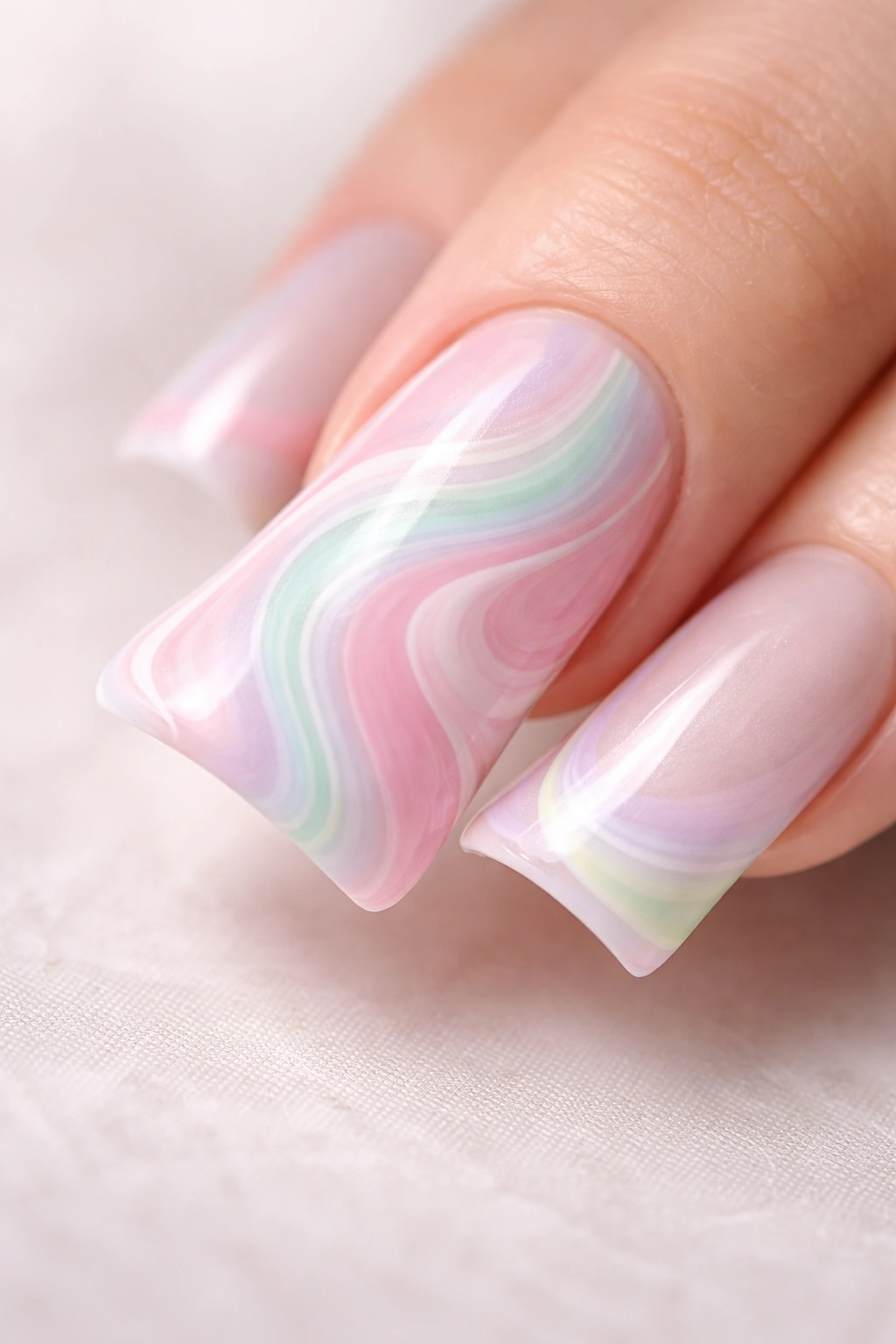 Close-up of a duck nail with pastel candy swirl design on a pale background
