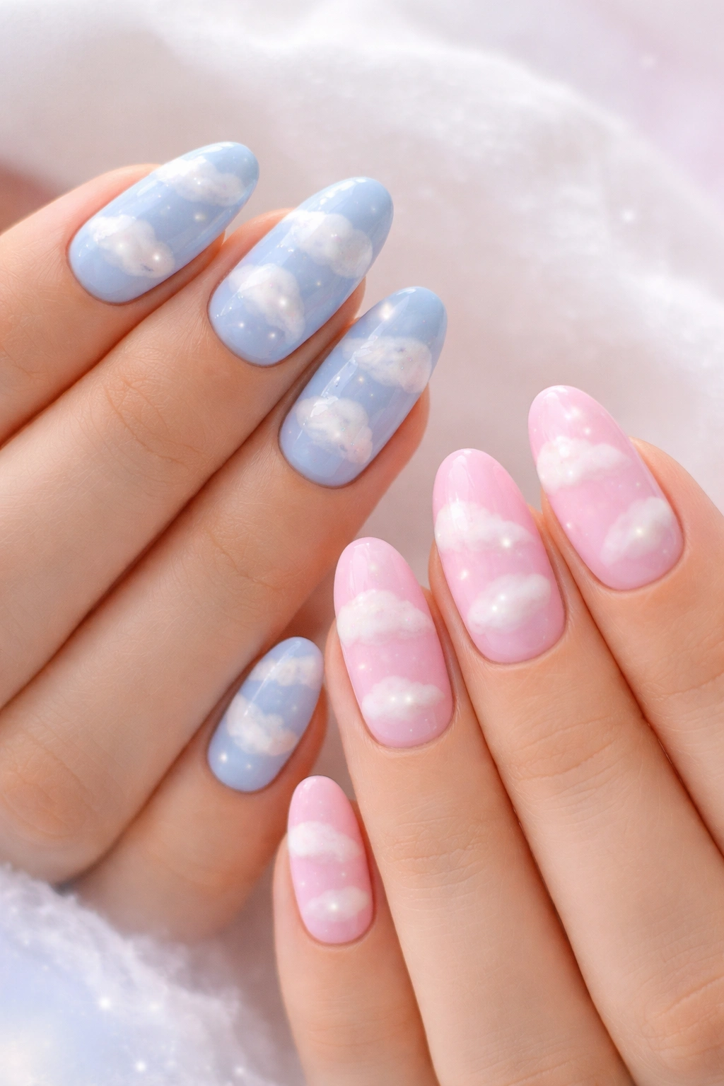 Two hands with pastel cloud nail art on blue and pink bases with fluffy white clouds.