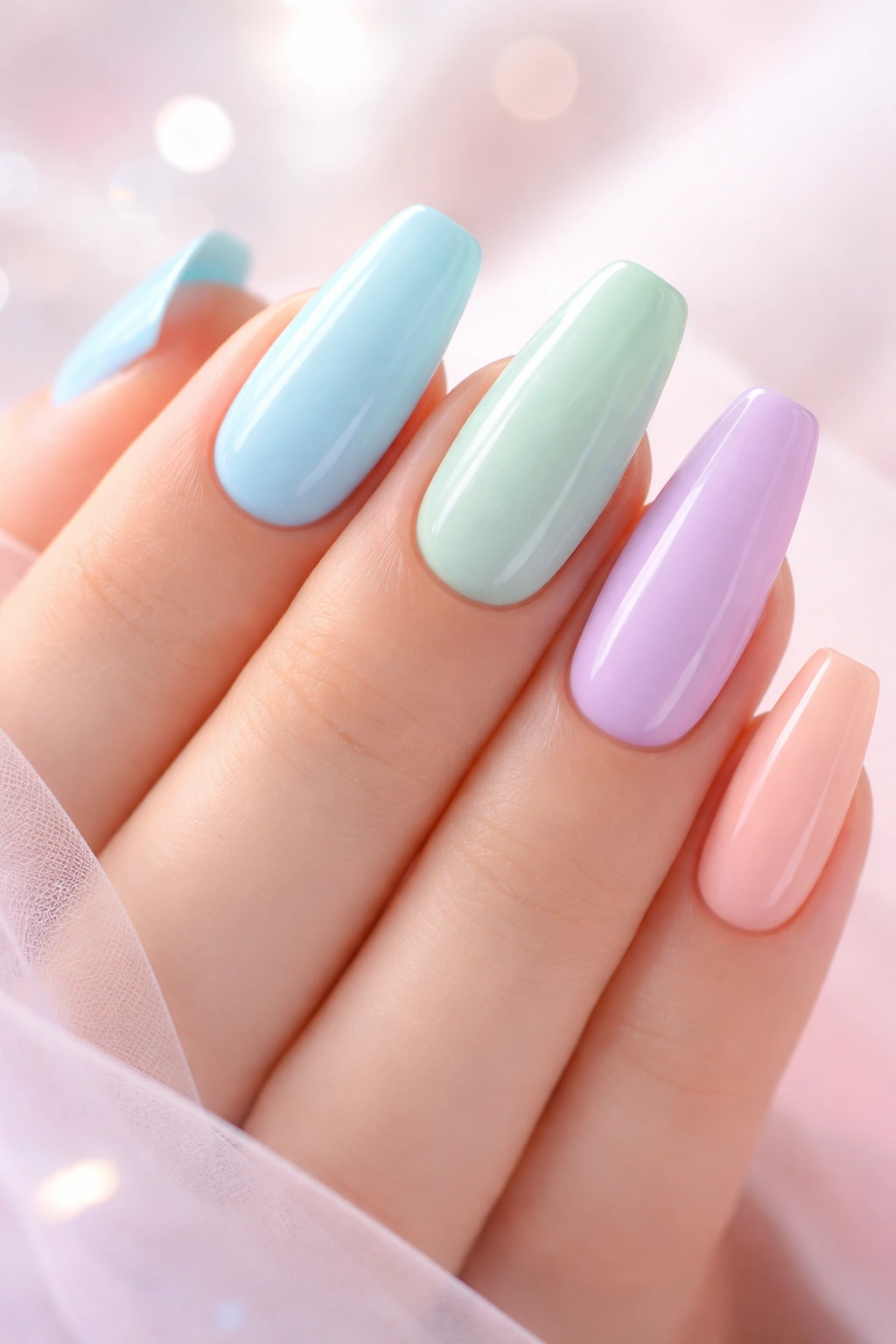 Pastel coffin nails in soft blue, green, lavender, and peach