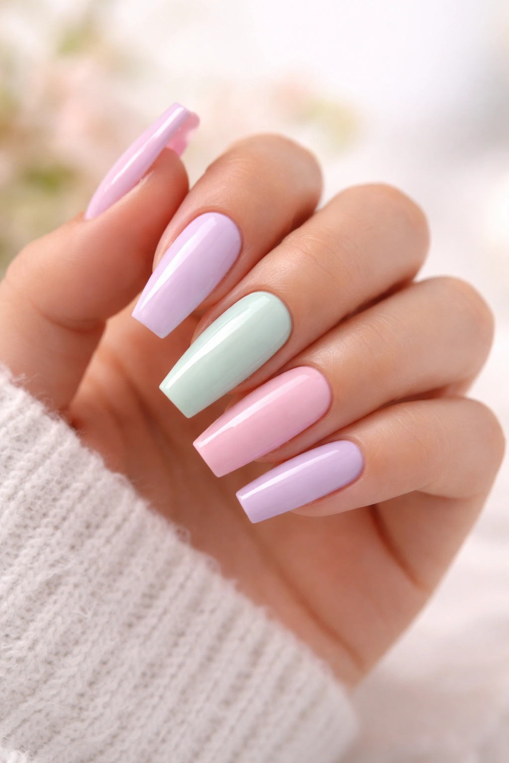 Pastel coffin nails in pastel colors on a hand against a light background