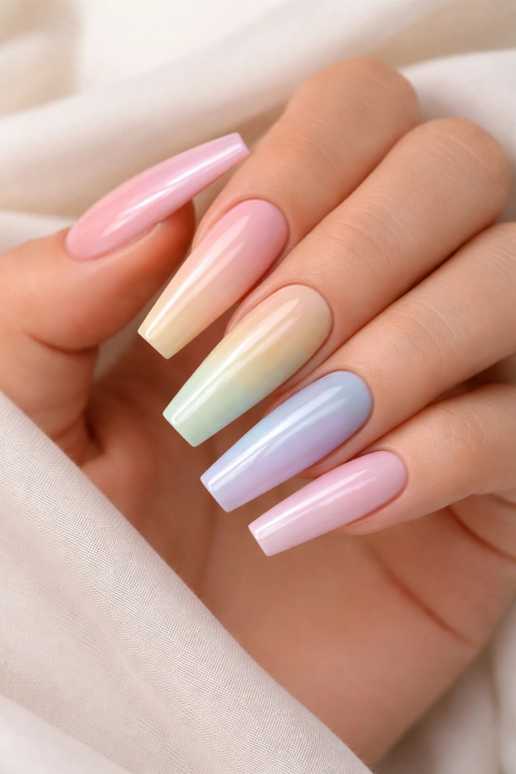 Close-up of pastel rainbow gradient coffin nails with soft color transitions on a neutral background