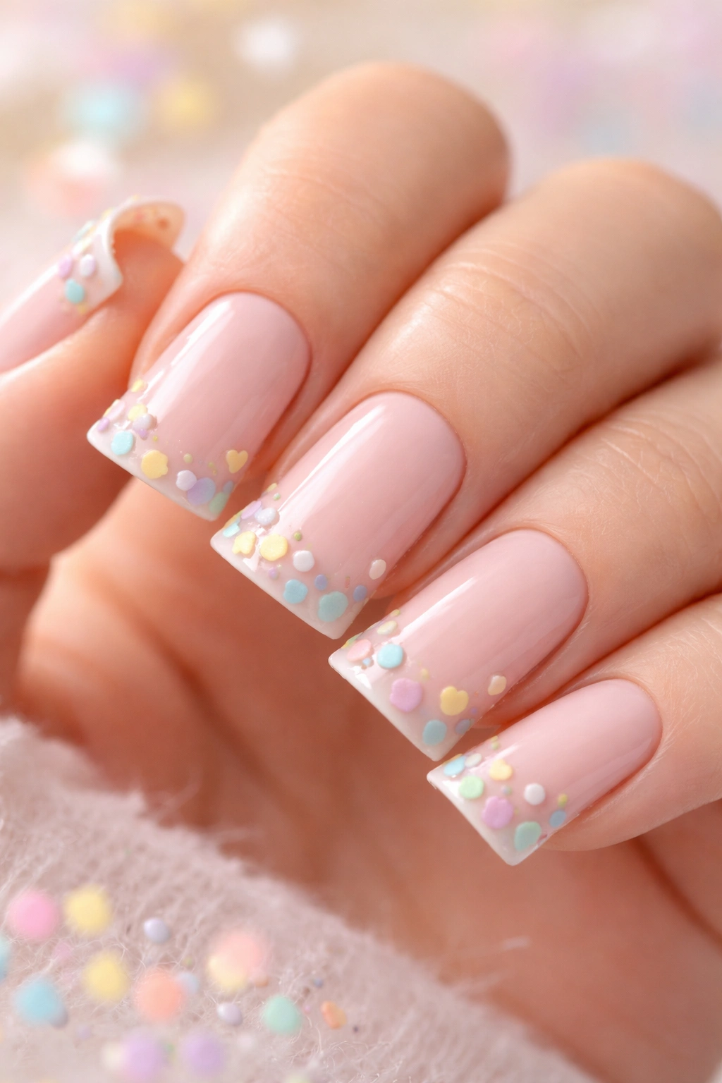 Close-up of short duck nails with blush pink base and pastel confetti along the curved edge
