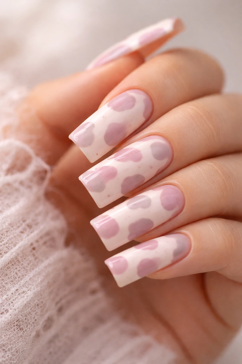 Close-up of pastel cow print nails on duck nails with pink cream base and muted spots