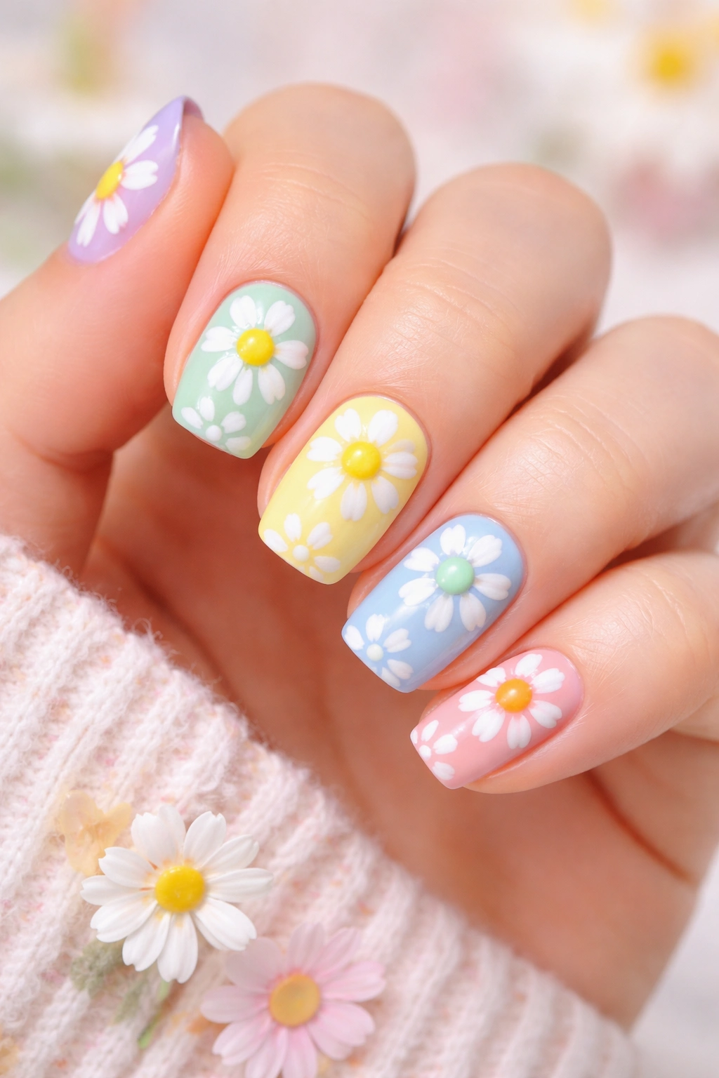 Nails in pastel colors with white daisies and colored centers
