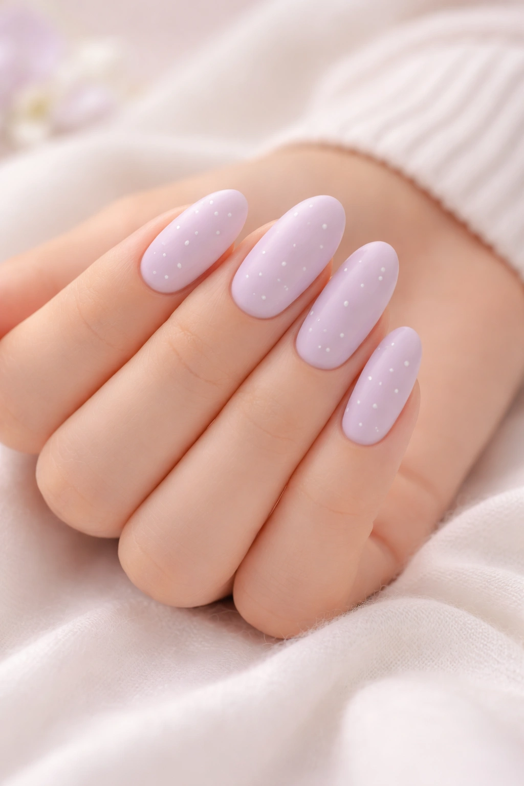 Pastel lavender nails with small white dots, matte finish