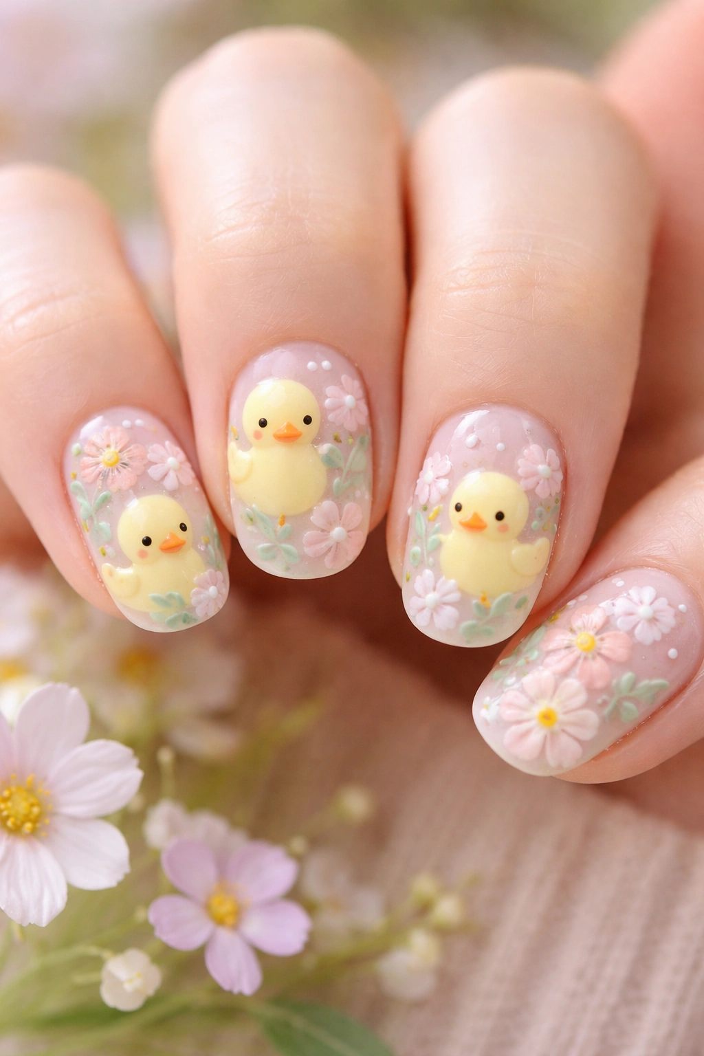Pastel duck with flowers nail art