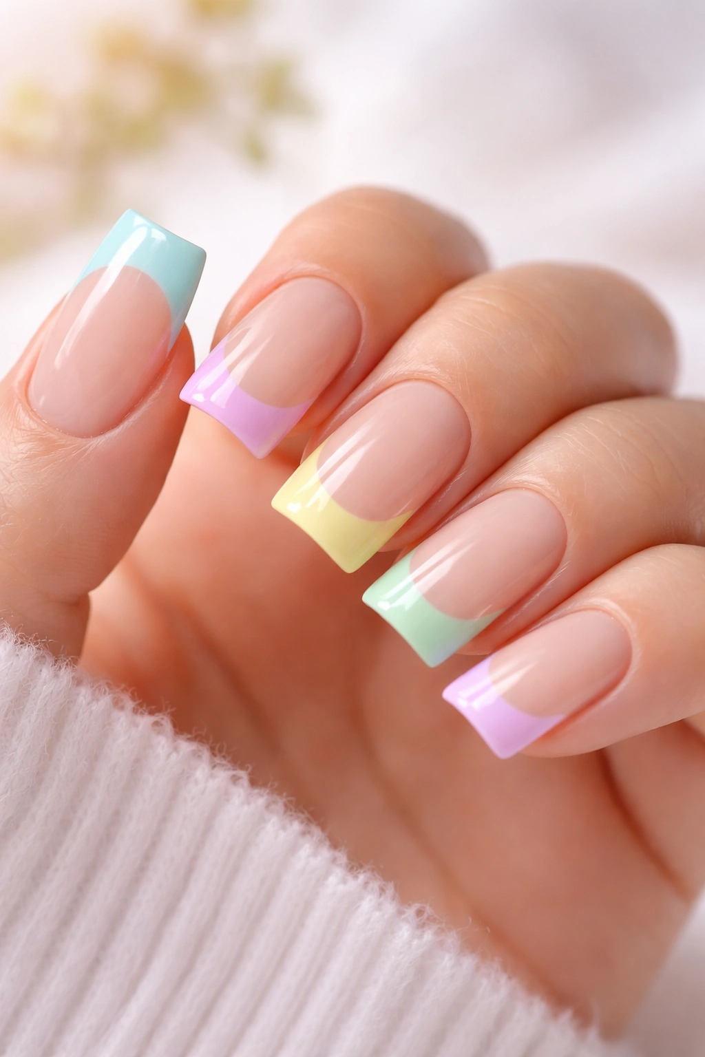 Close-up of short nails with pastel tips on pale base