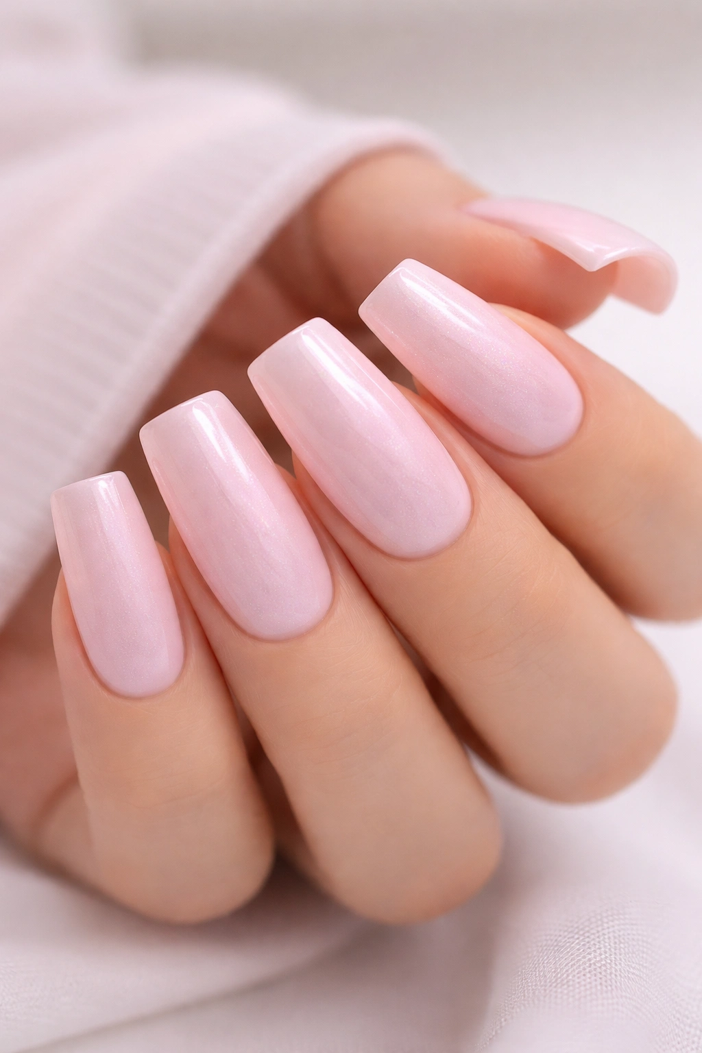 Close-up of pastel duck nails on gel extensions with subtle shimmer