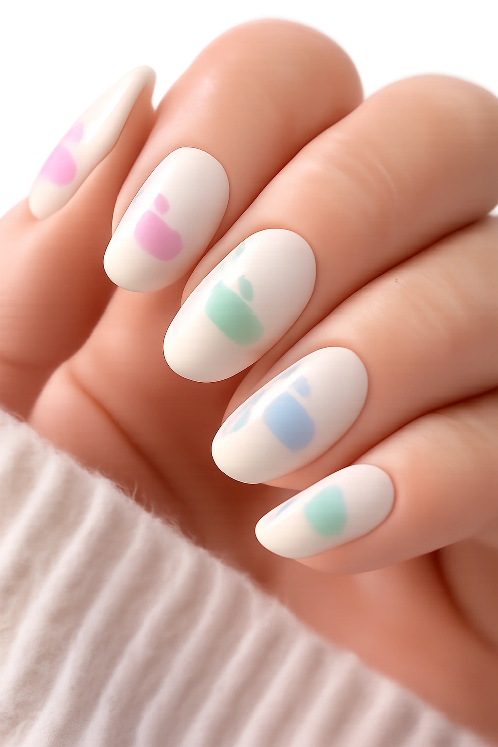 Nails with pastel duck silhouettes on white base