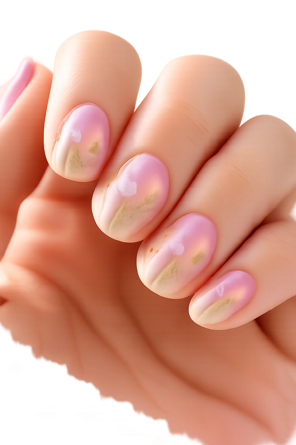 Short oval nails on clear base with scattered pastel flowers