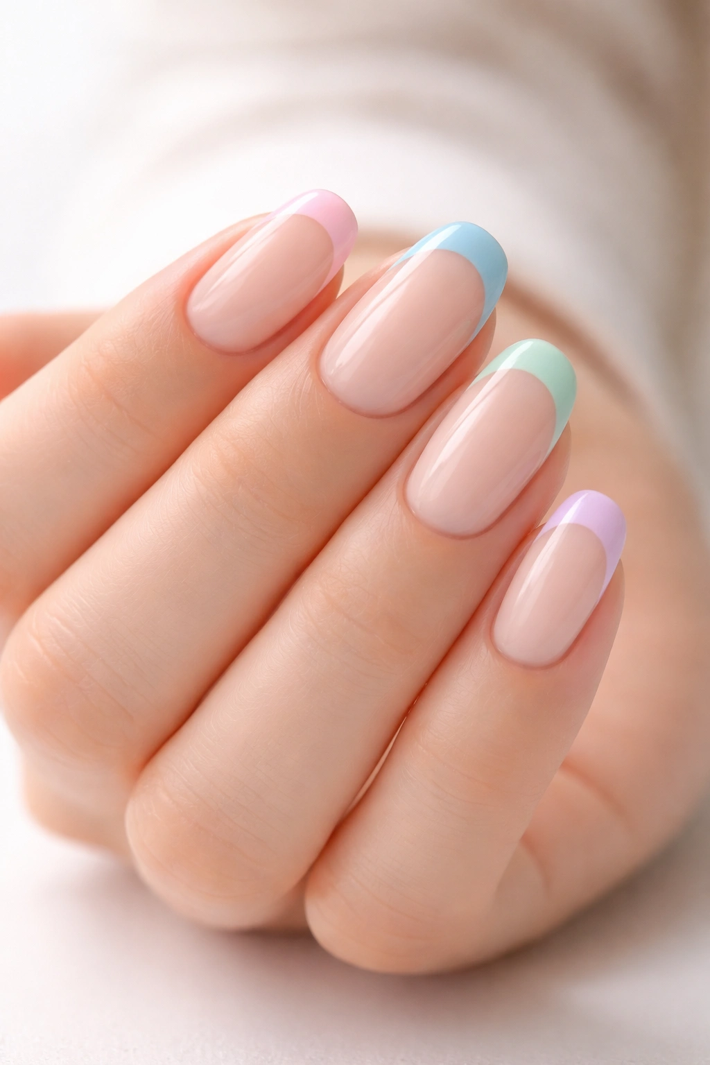 Close-up of nails with soft pastel French tip design on nude base