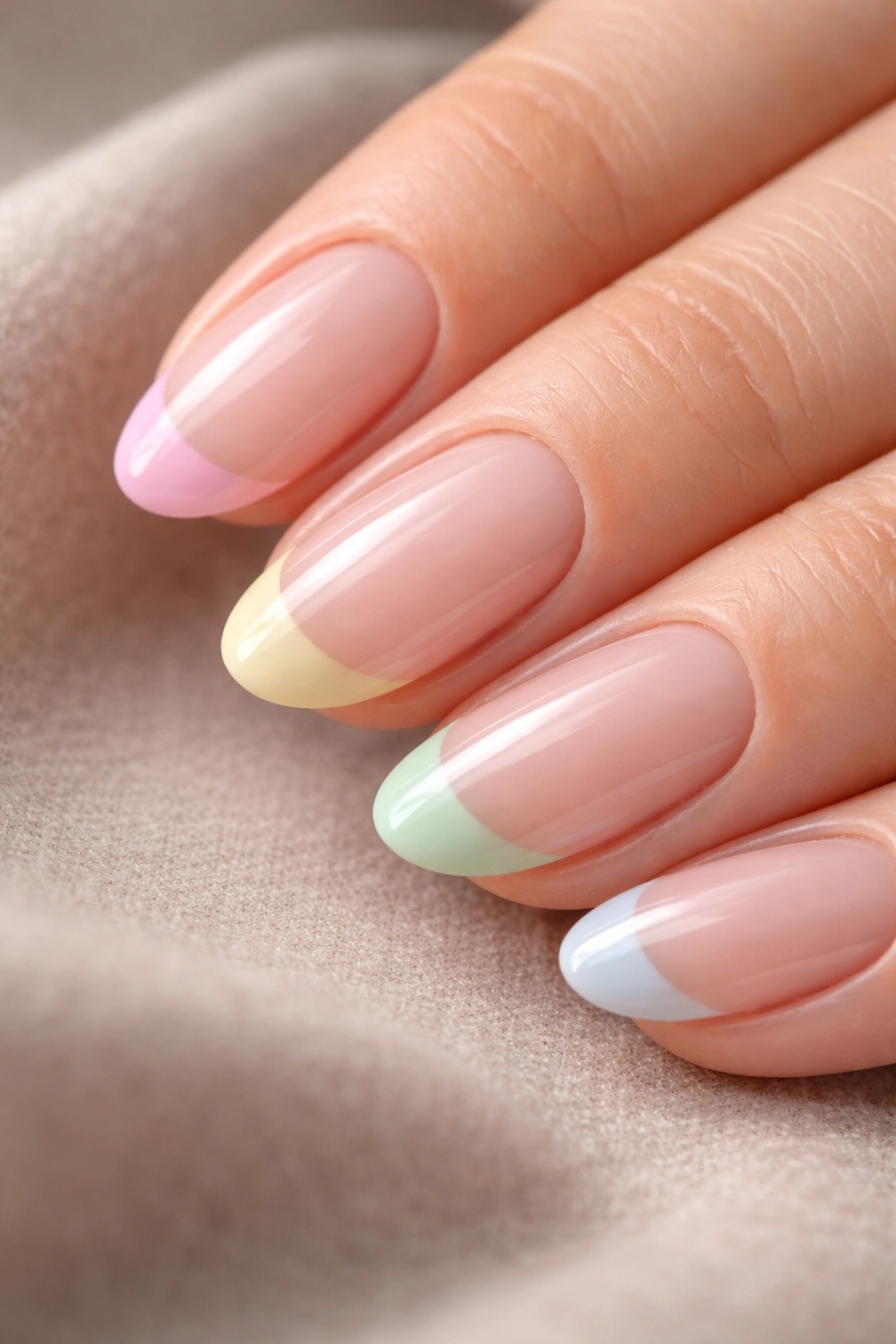 Close-up of short almond nails with pastel French tips on a clean surface