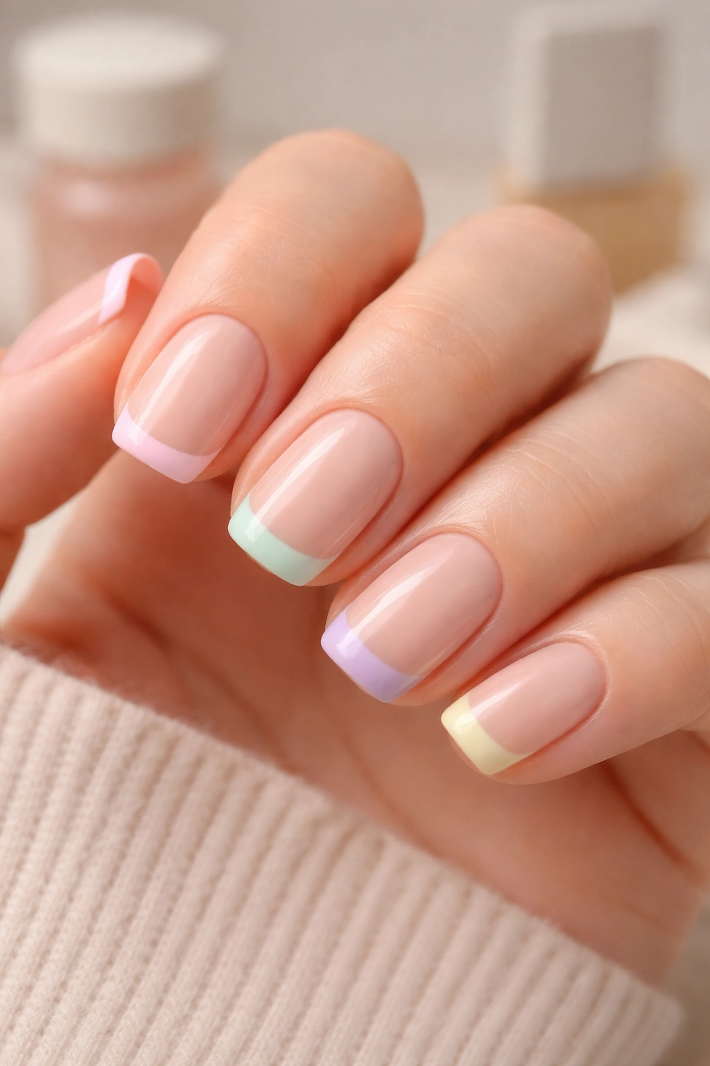 Close-up of pastel-tipped squoval nails on nude base
