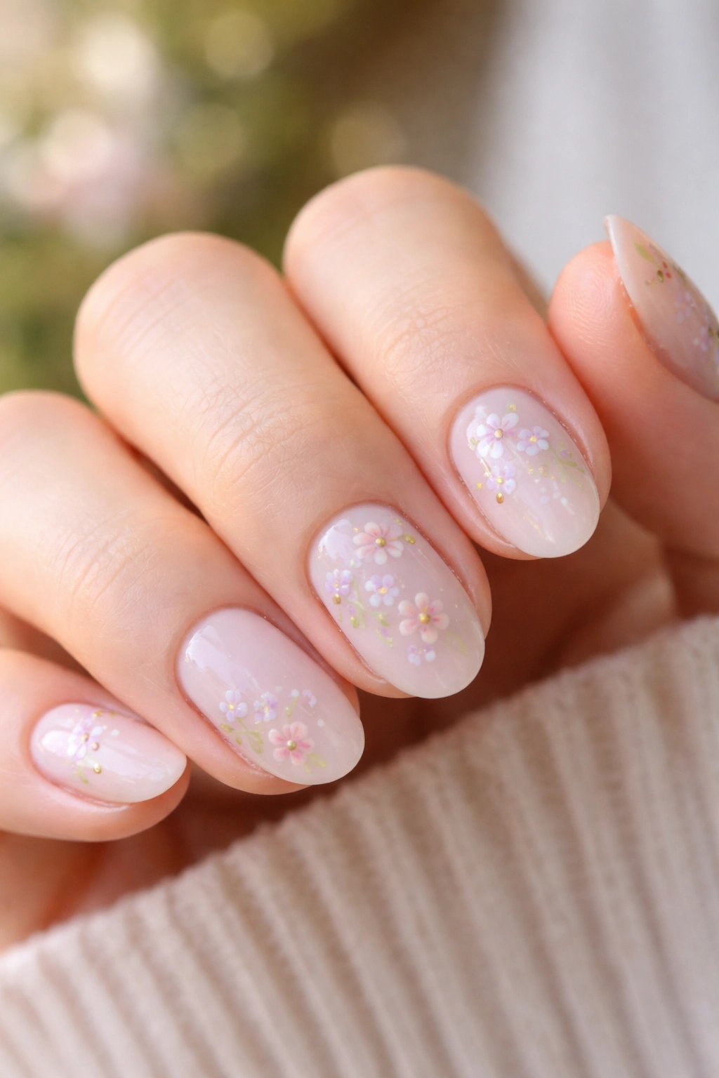 Short almond nails with tiny pastel garden flowers on a sheer neutral base