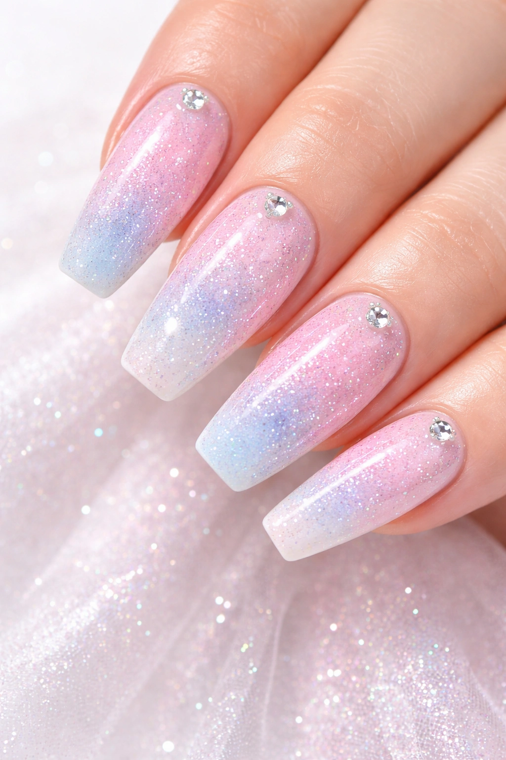 Pastel pink and blue glitter nails on pale base with tiny gems