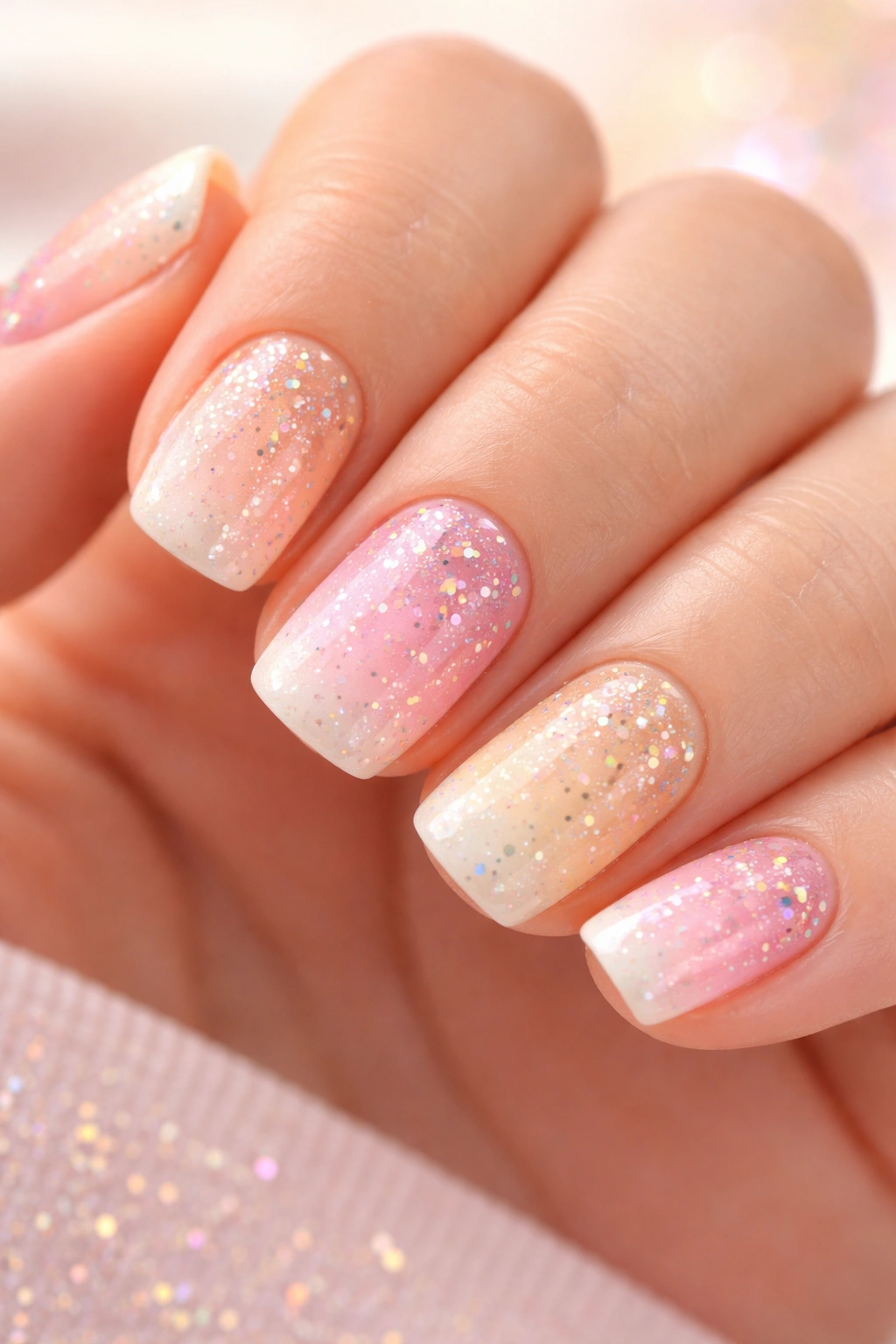 Close-up of short squoval nails with pastel gradient and sprinkle-like glitter