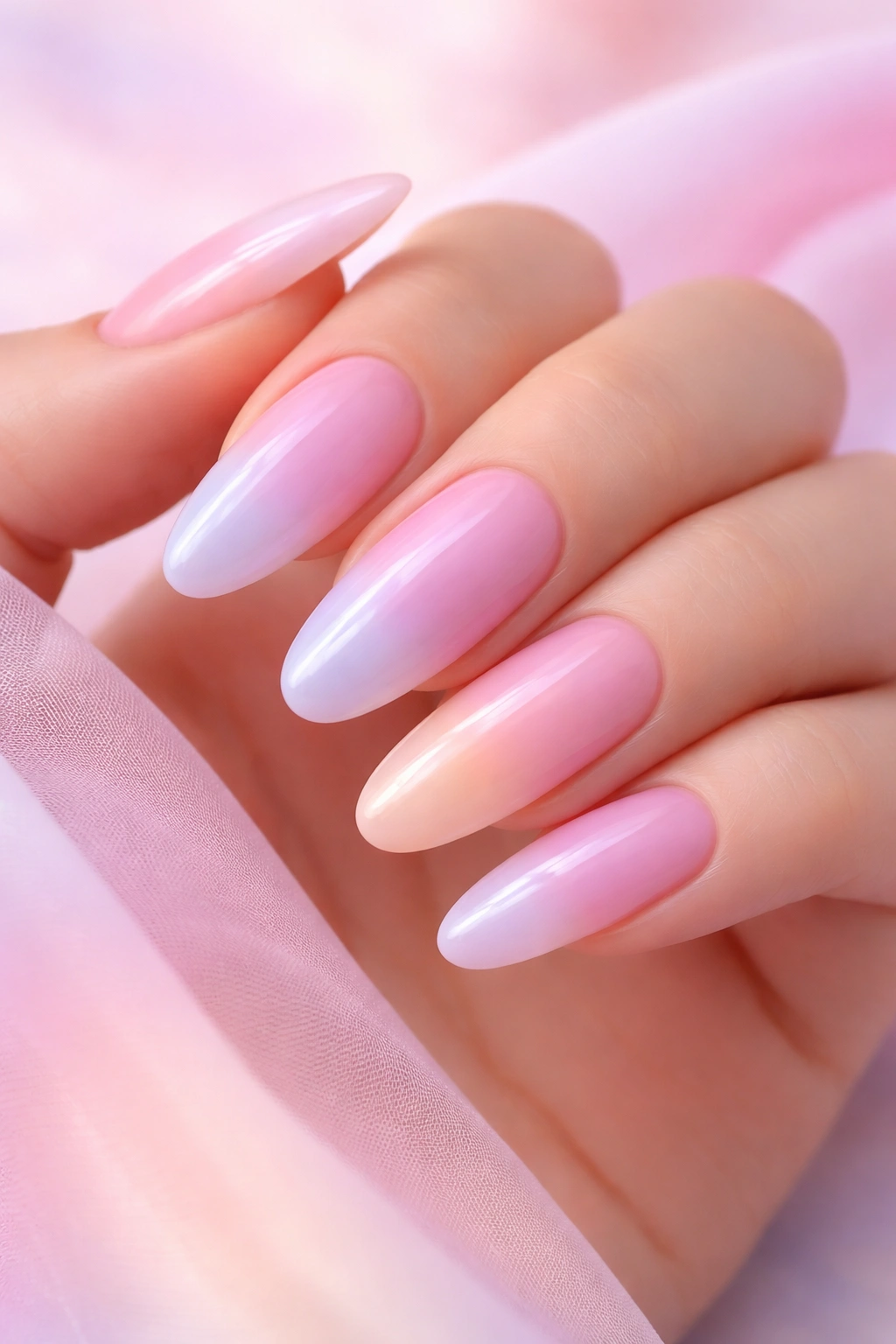 Pastel gradient on long oval nails blending pink lavender peach