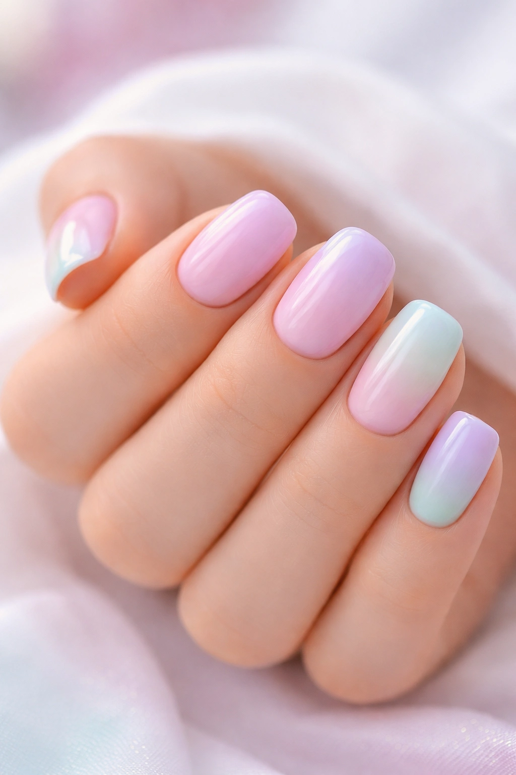Pastel gradient nails in pink, lavender, mint on short squoval nails