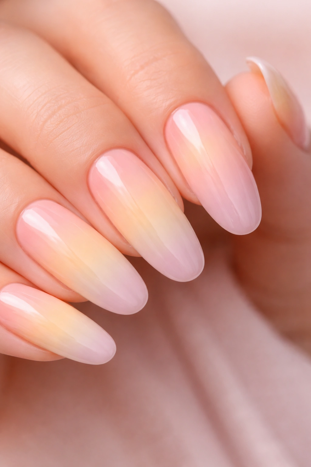 Close-up of long round acrylic nails with pastel sunset gradient