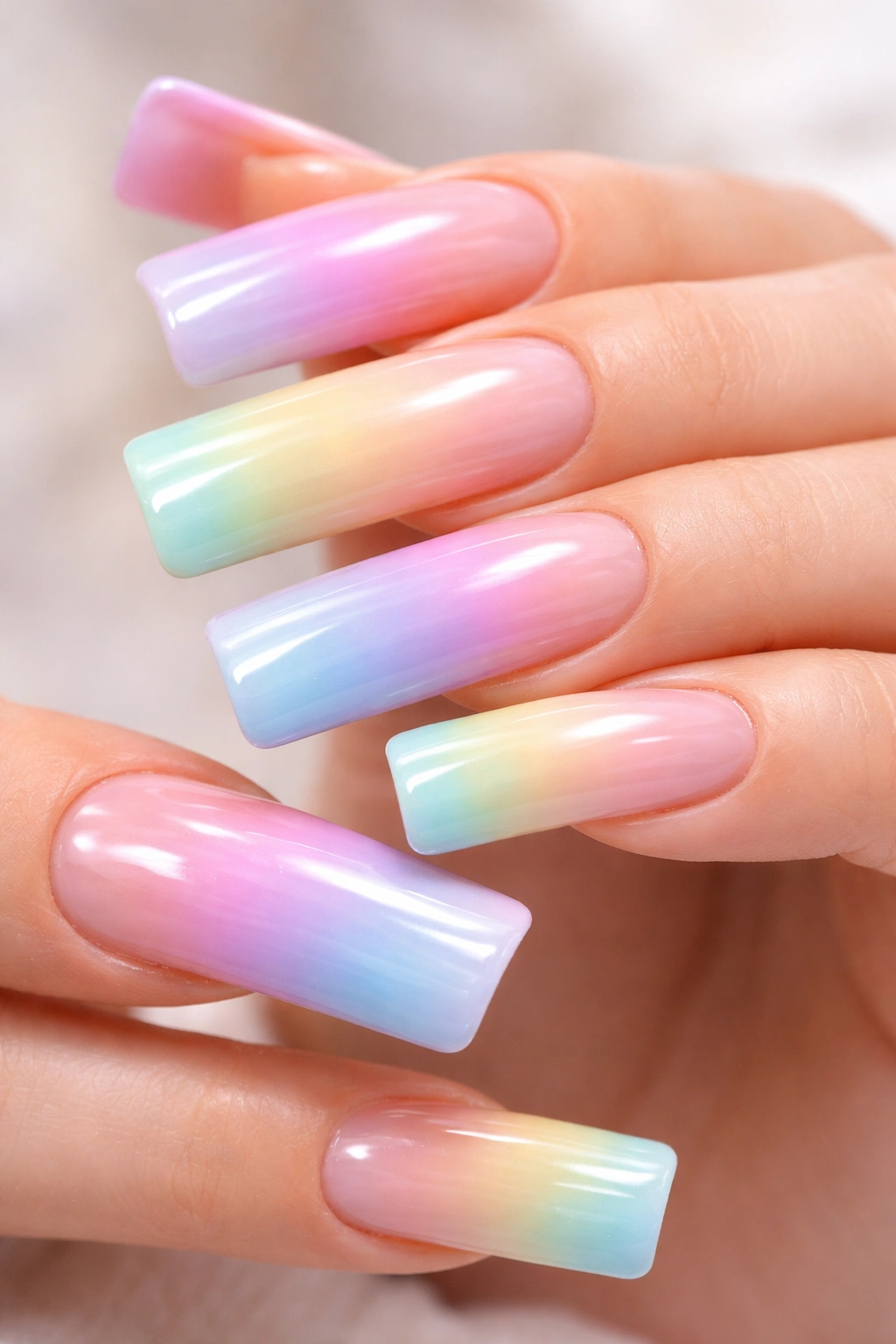 Close-up of pastel gradient rainbow nails with glossy finish