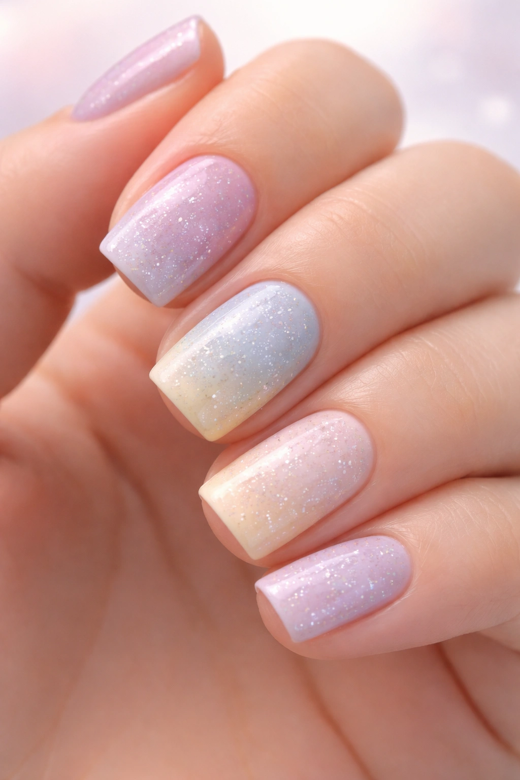 Close-up of short squoval nails with pastel gradient and speckle accents