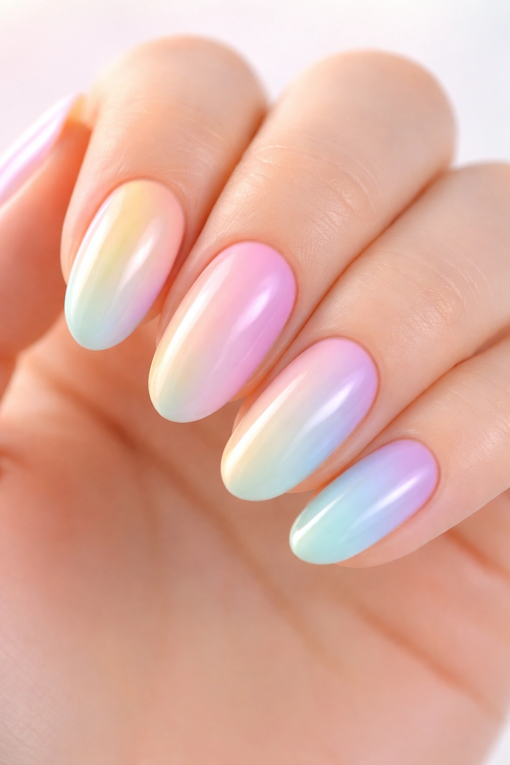 Oval nails with pastel rainbow gradient along the length