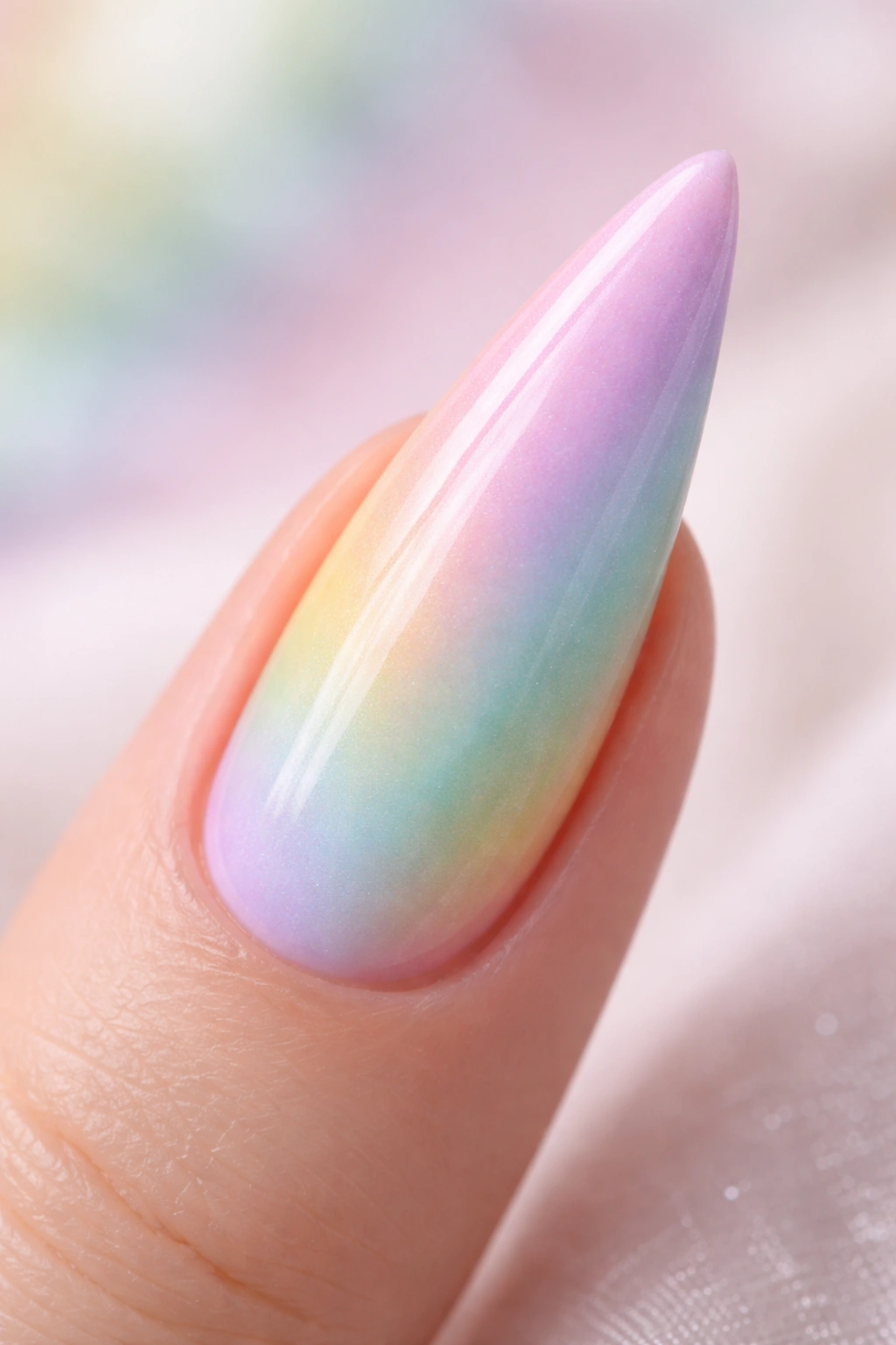 Close-up of a single stiletto nail with pastel rainbow gradient from cuticle to tip