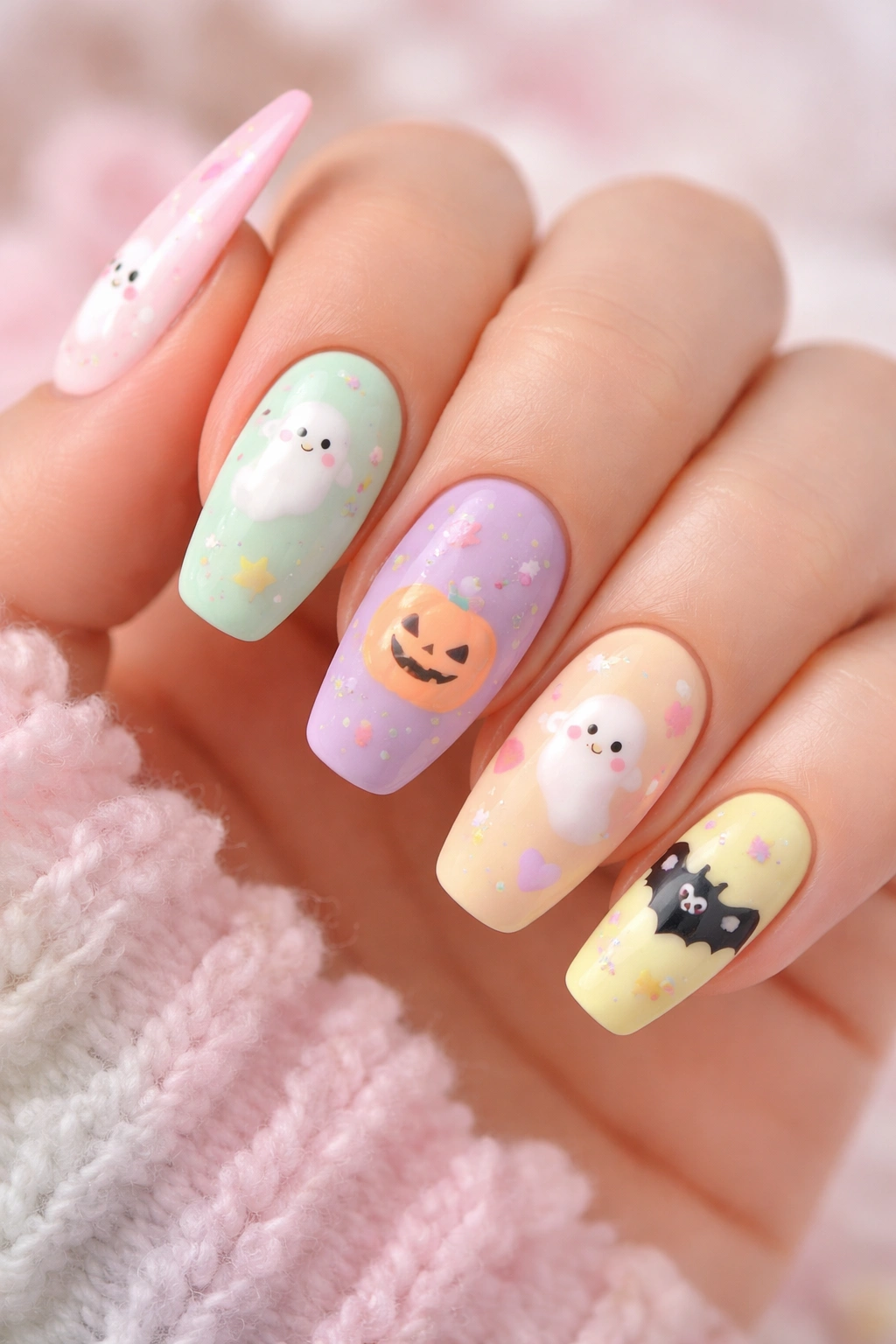 Hand with pastel Halloween nails in pink, mint, lavender, and yellow.