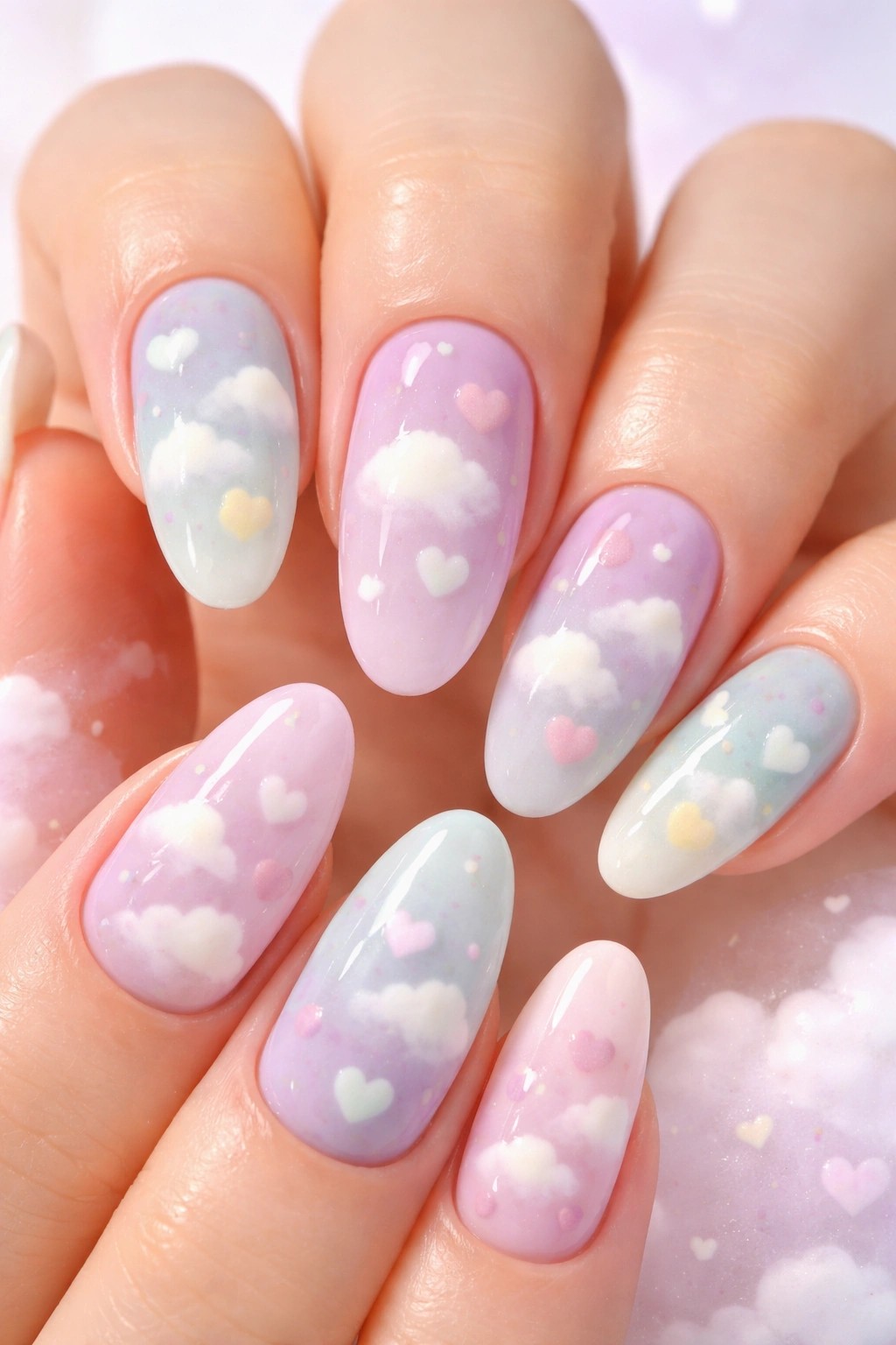 Pastel nails with clouds and floating hearts
