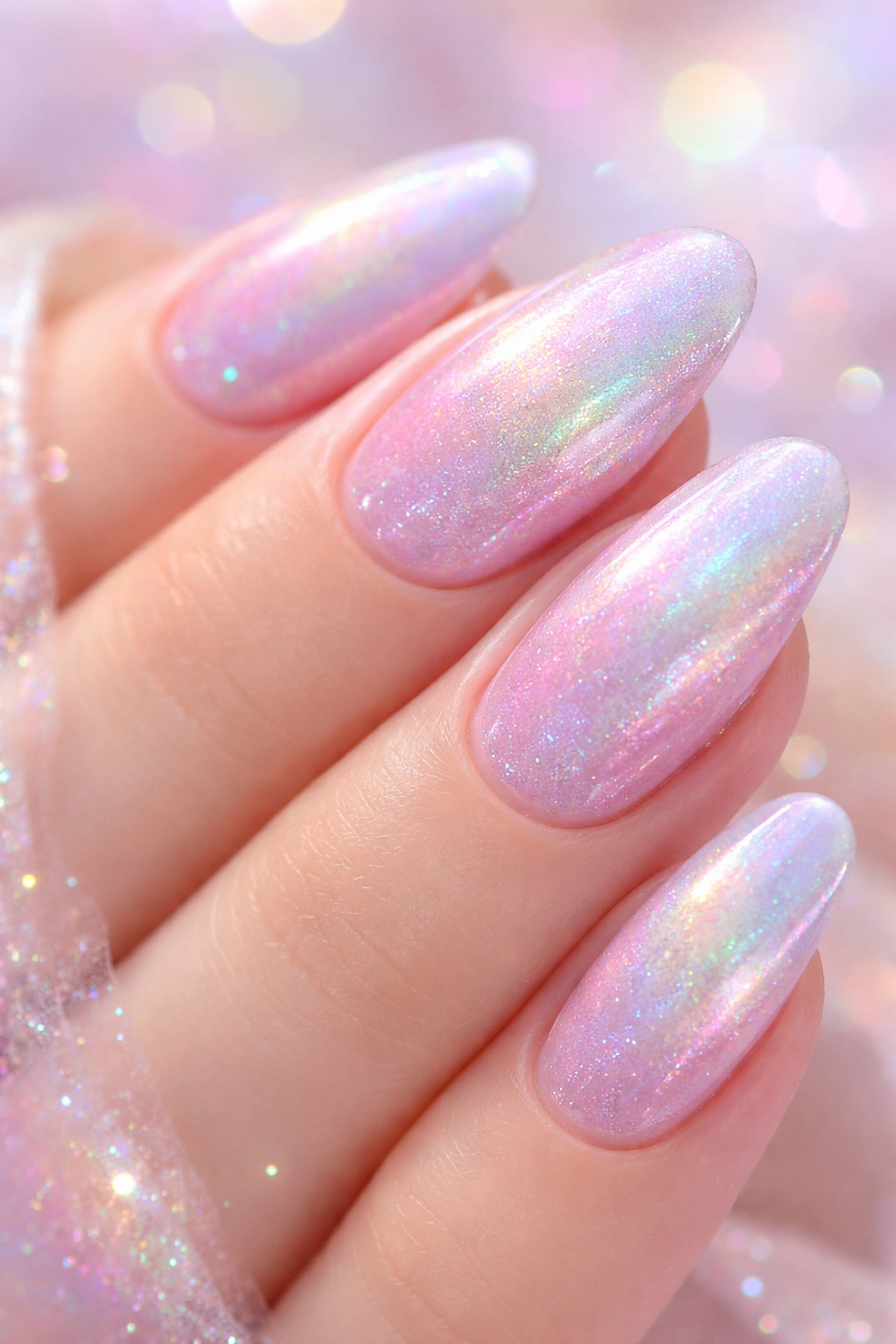 Pastel holographic nails with subtle rainbow sparkle