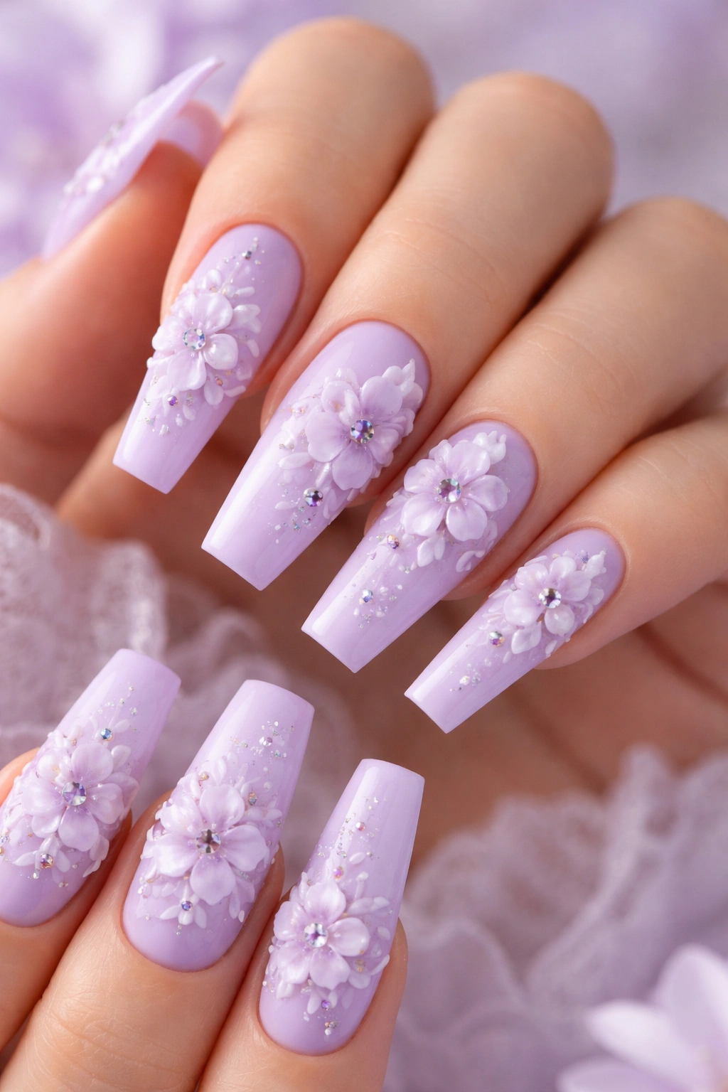 Close-up of coffin nails in pastel lavender with 3D floral nail art.