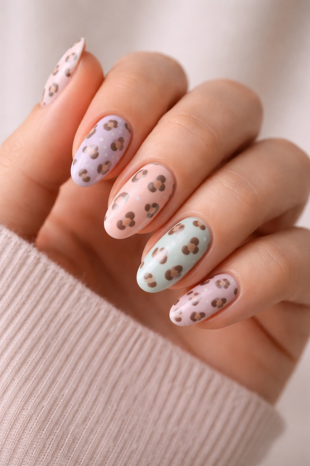 Pastel leopard nails on short almond nails with soft spots