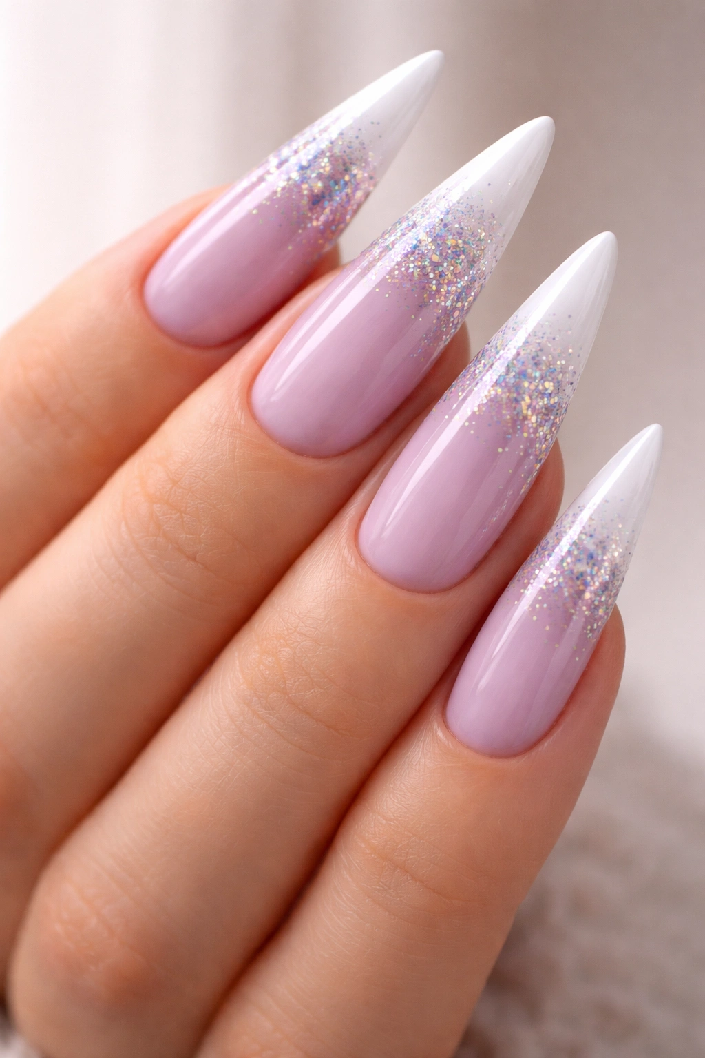 Close-up of pastel lilac stiletto nails with white tips and holographic glitter