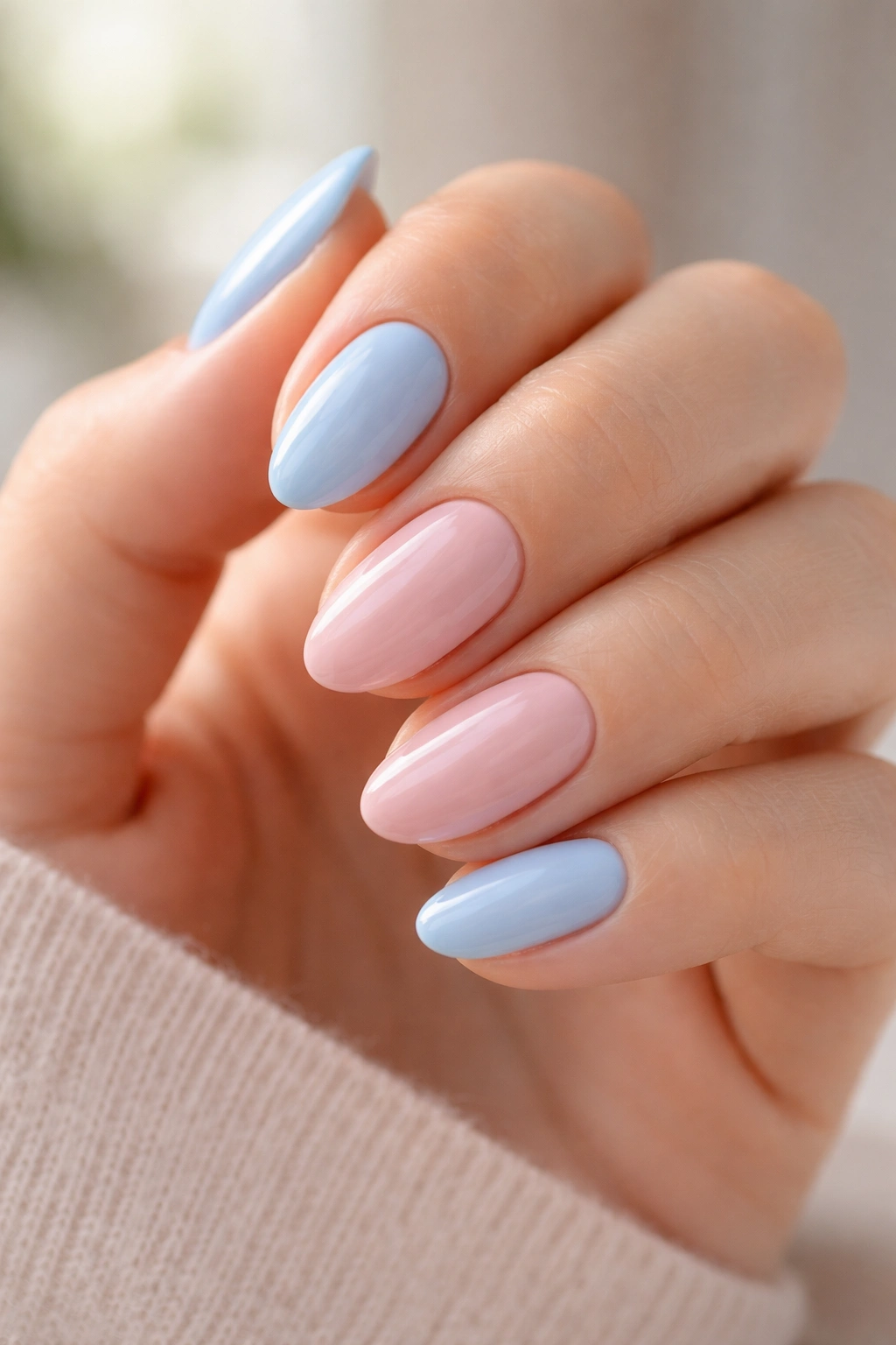 Close-up of pastel nails with glossy top coat for longevity