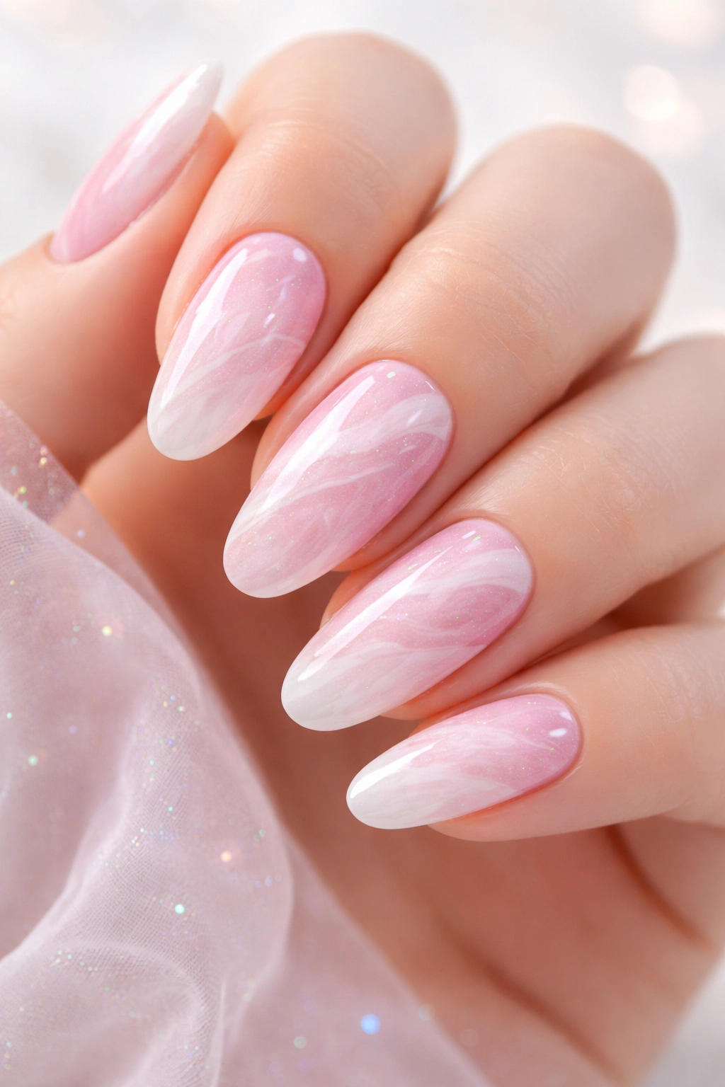 Close-up of pastel marble nails with white and pink swirls and shimmer.