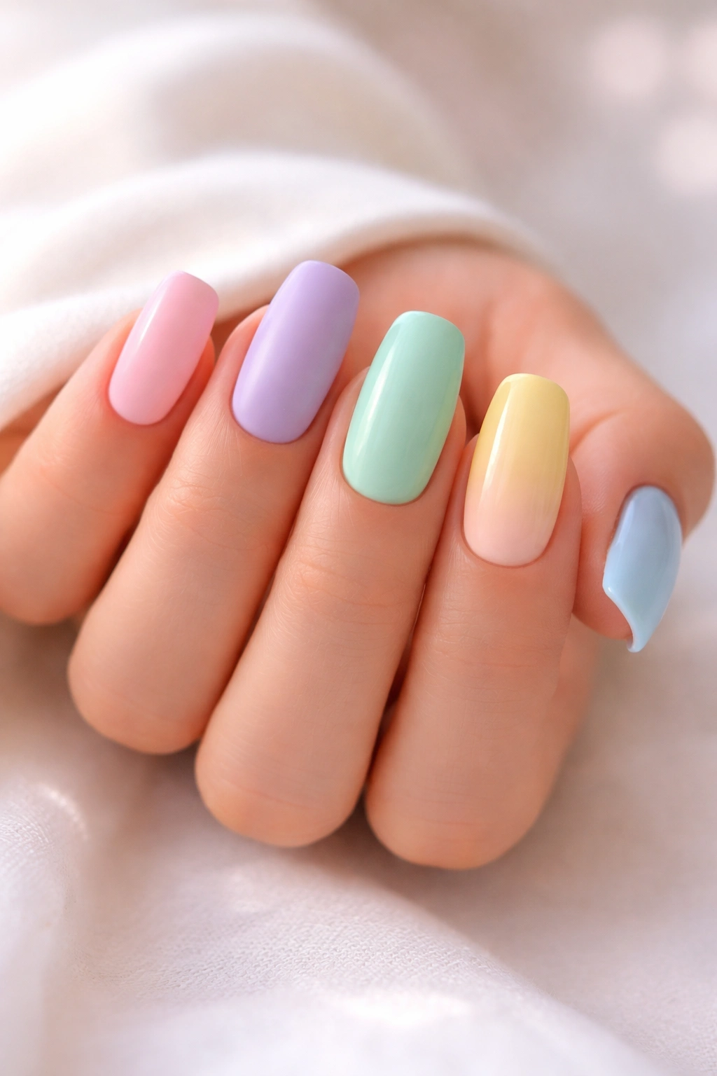 Close-up of pastel acrylic nails in soft rainbow colors on medium length, matte and glossy finishes
