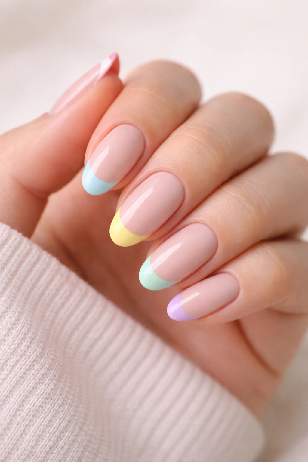 Close-up of short almond nails with pastel tips on nude base