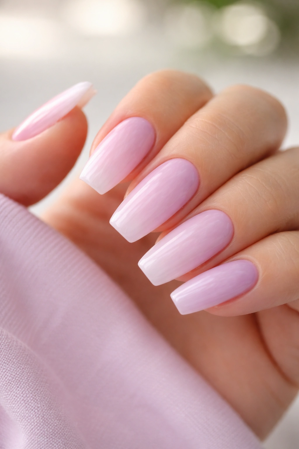 Close-up of pastel ballerina nails with milky pink and lilac shades on a medium-length set.