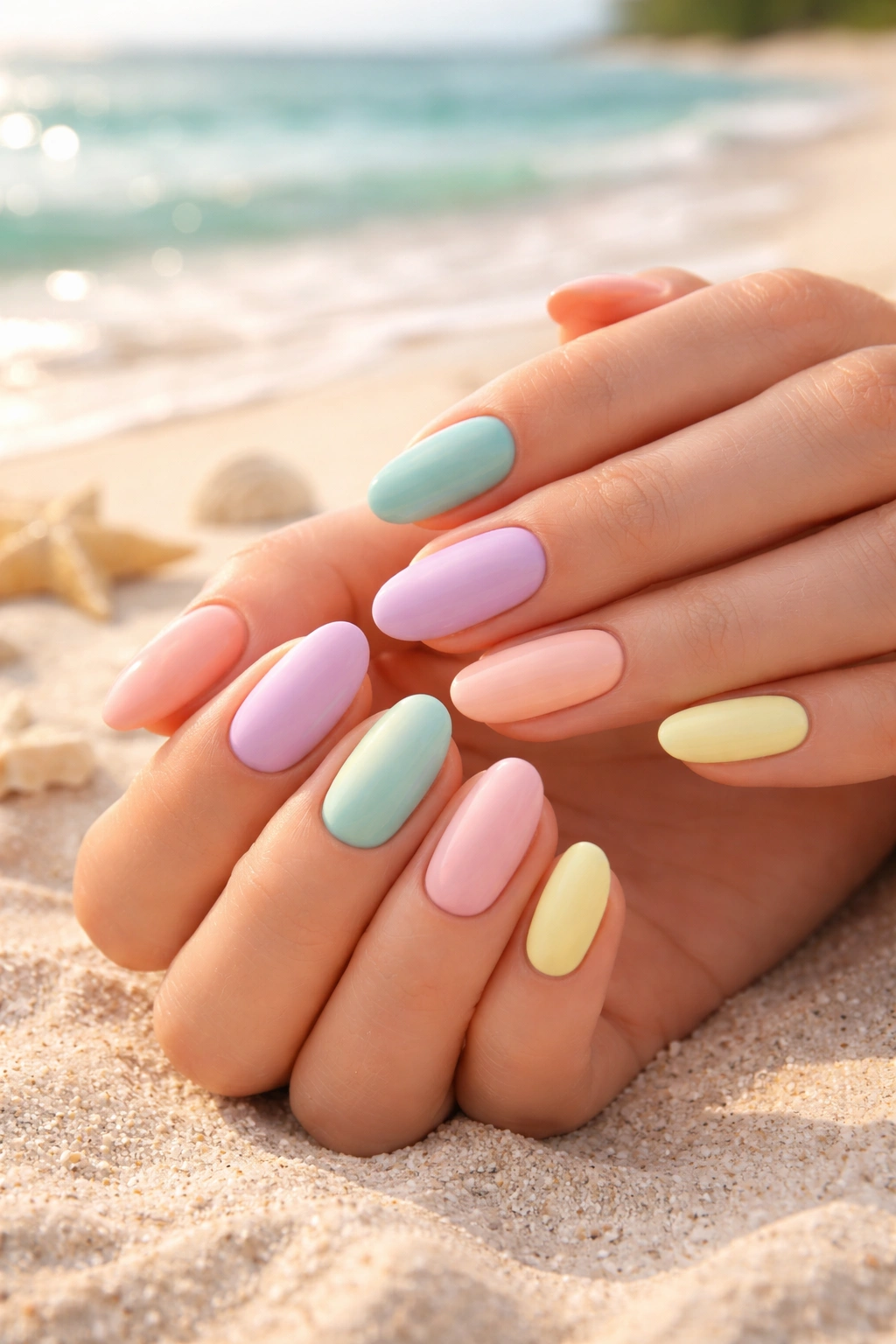 Close-up of pastel nails on a sunlit beach hand