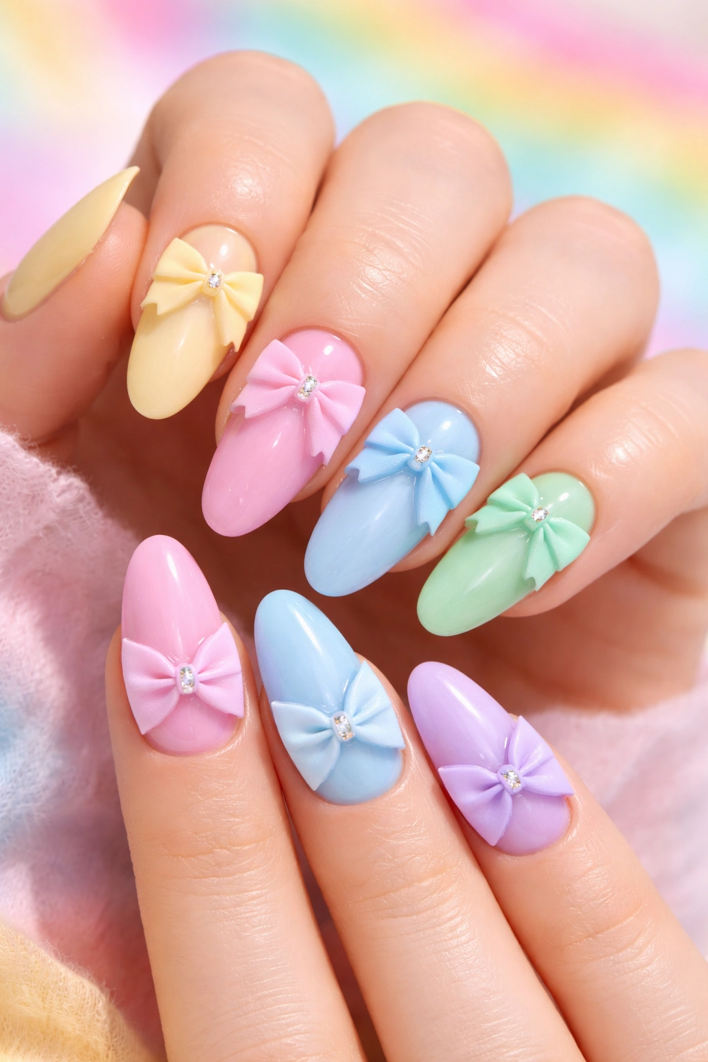 Pastel rainbow nails with bows on every nail in a bright studio close-up