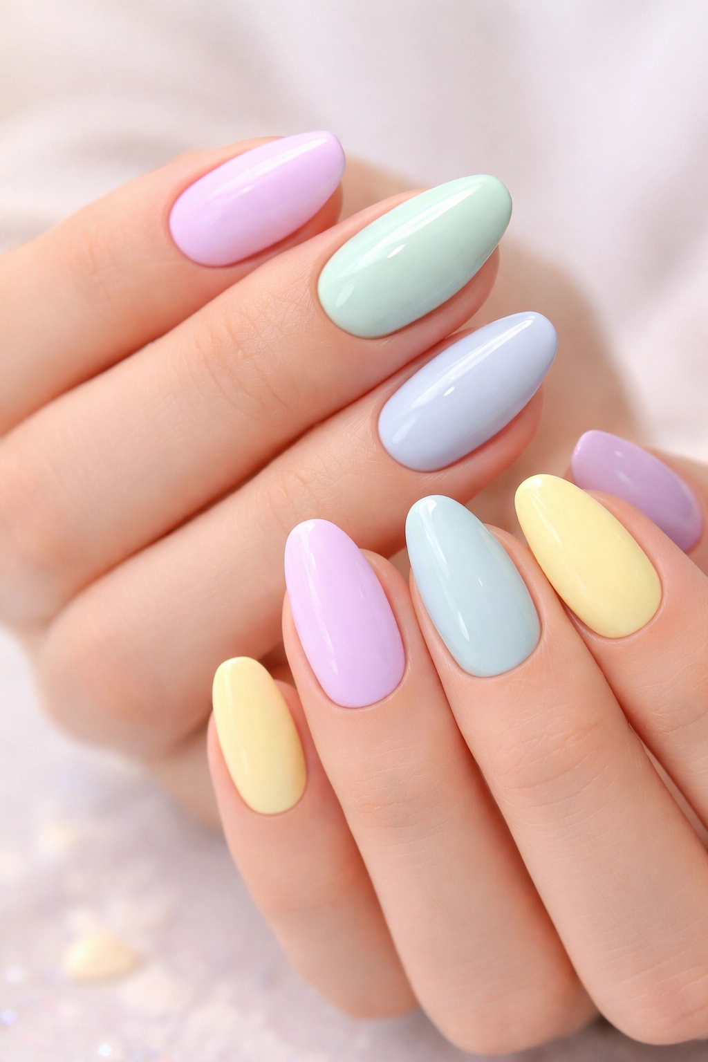 Close-up of nails painted in lavender, mint, powder blue, and lemon pastel shades.