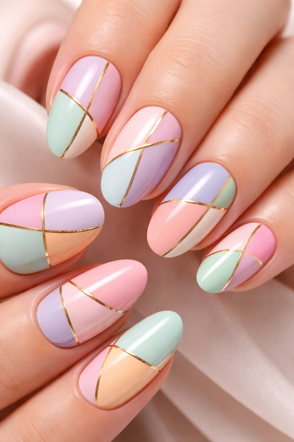 Close-up pastel color-blocked nails with gold lines