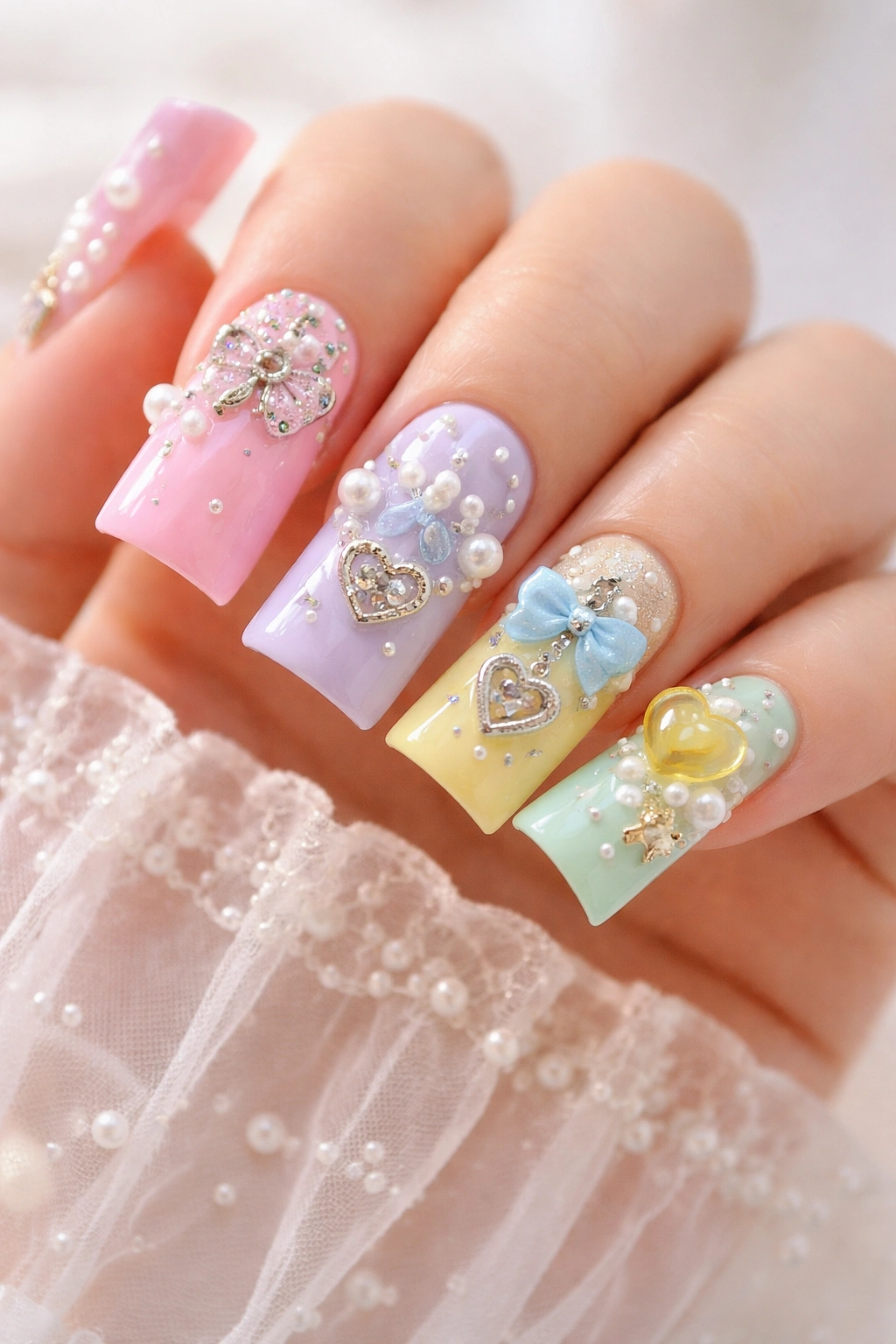 Pastel duck nails with pearls and charms on long duck-shaped nails