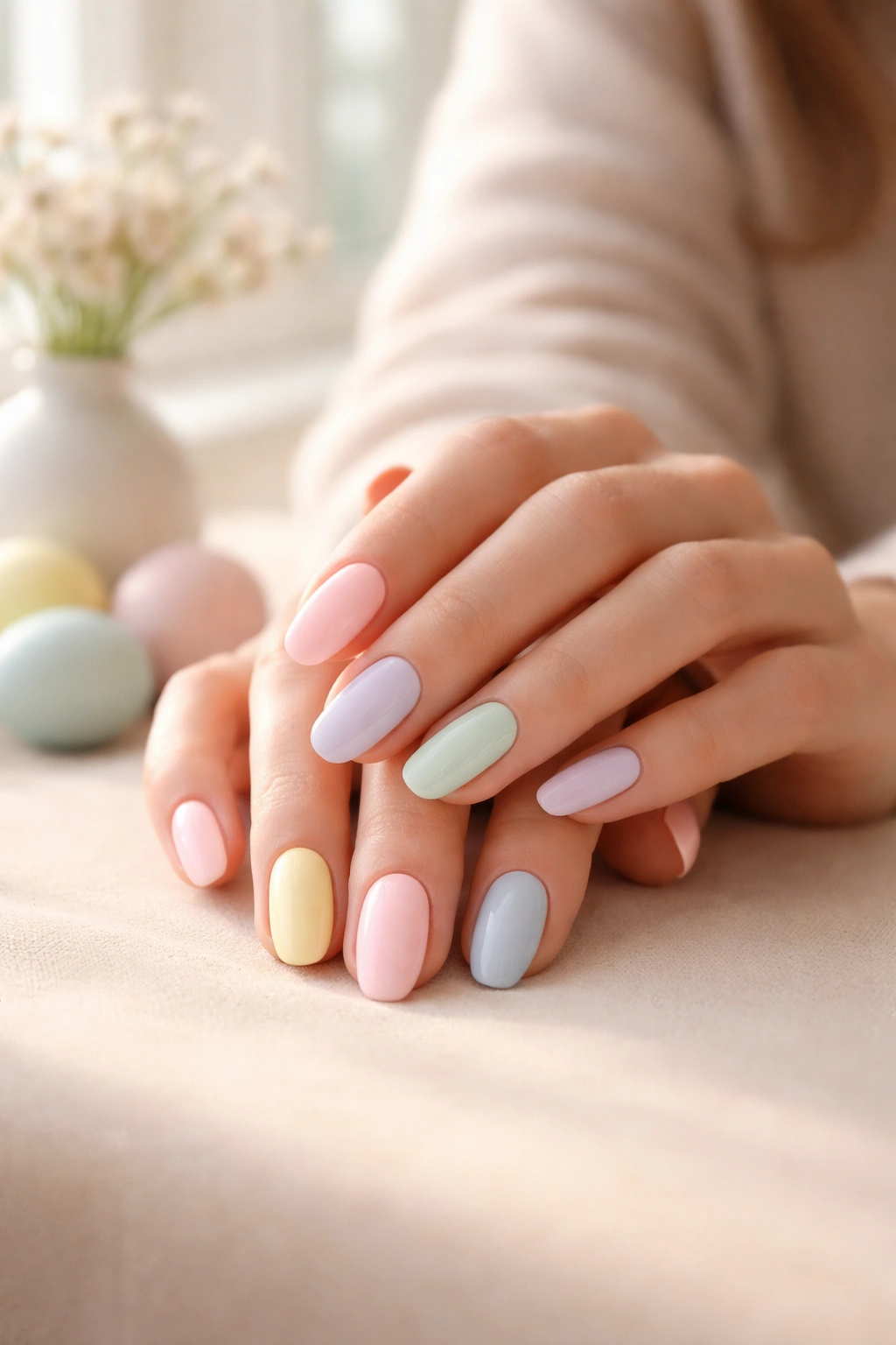 Close-up of hands with pastel nails in a calm, reflective setting.