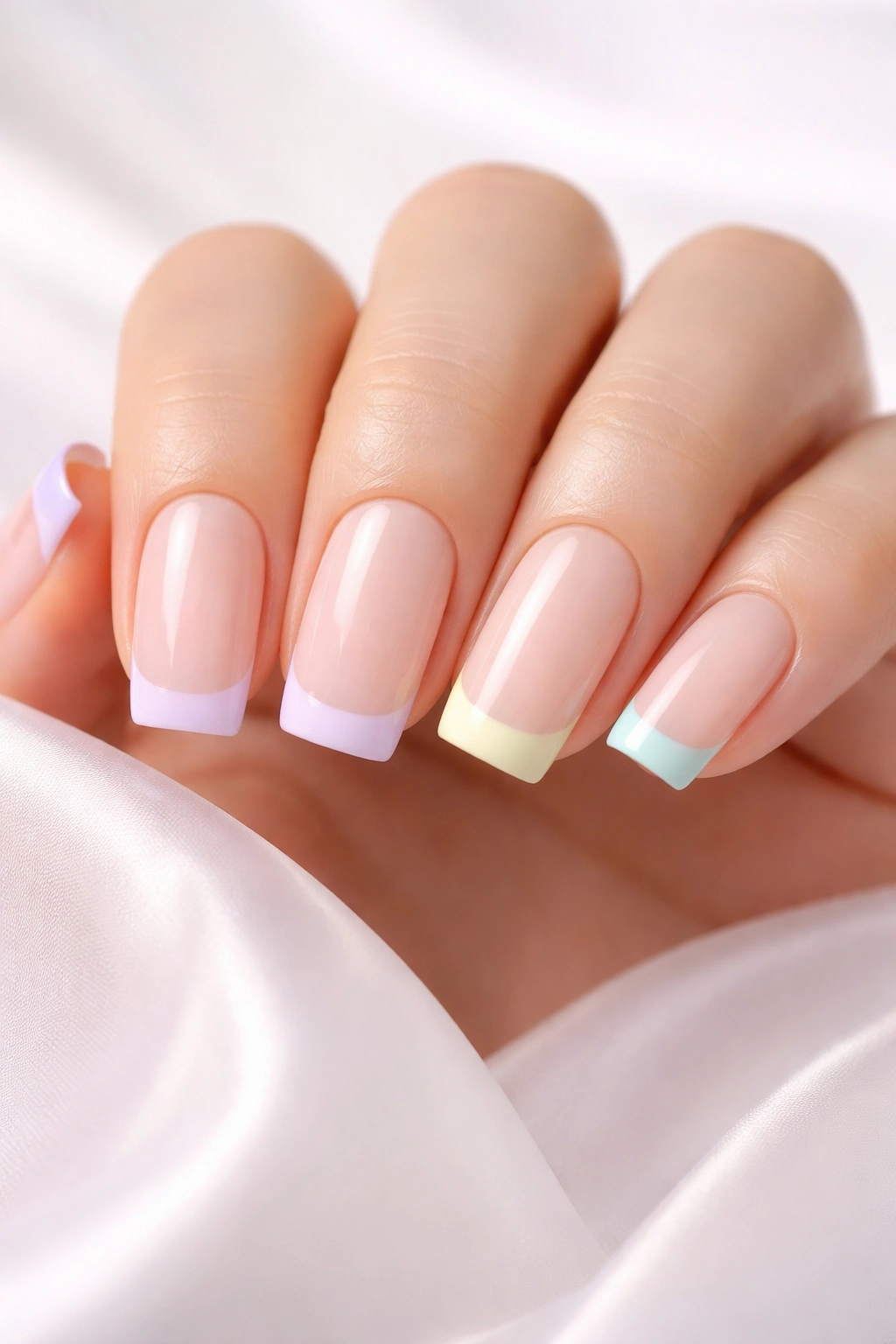 Close-up of pastel lavender French tips on a cream base on soft square nails