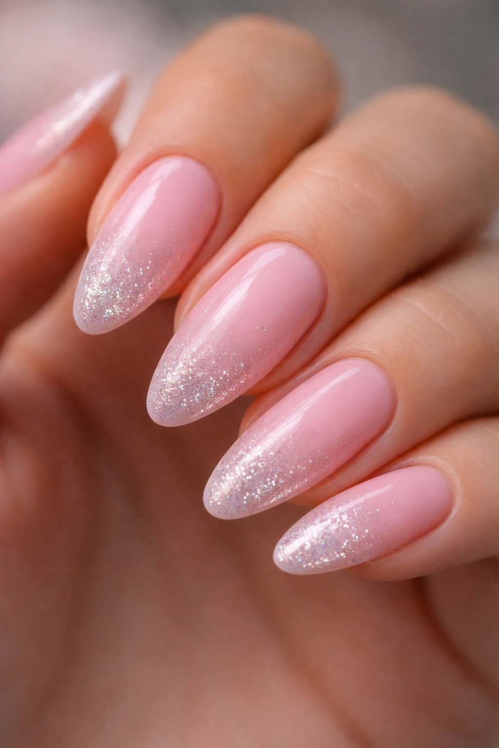 Almond nail with pastel pink ombre and glitter fade on tip